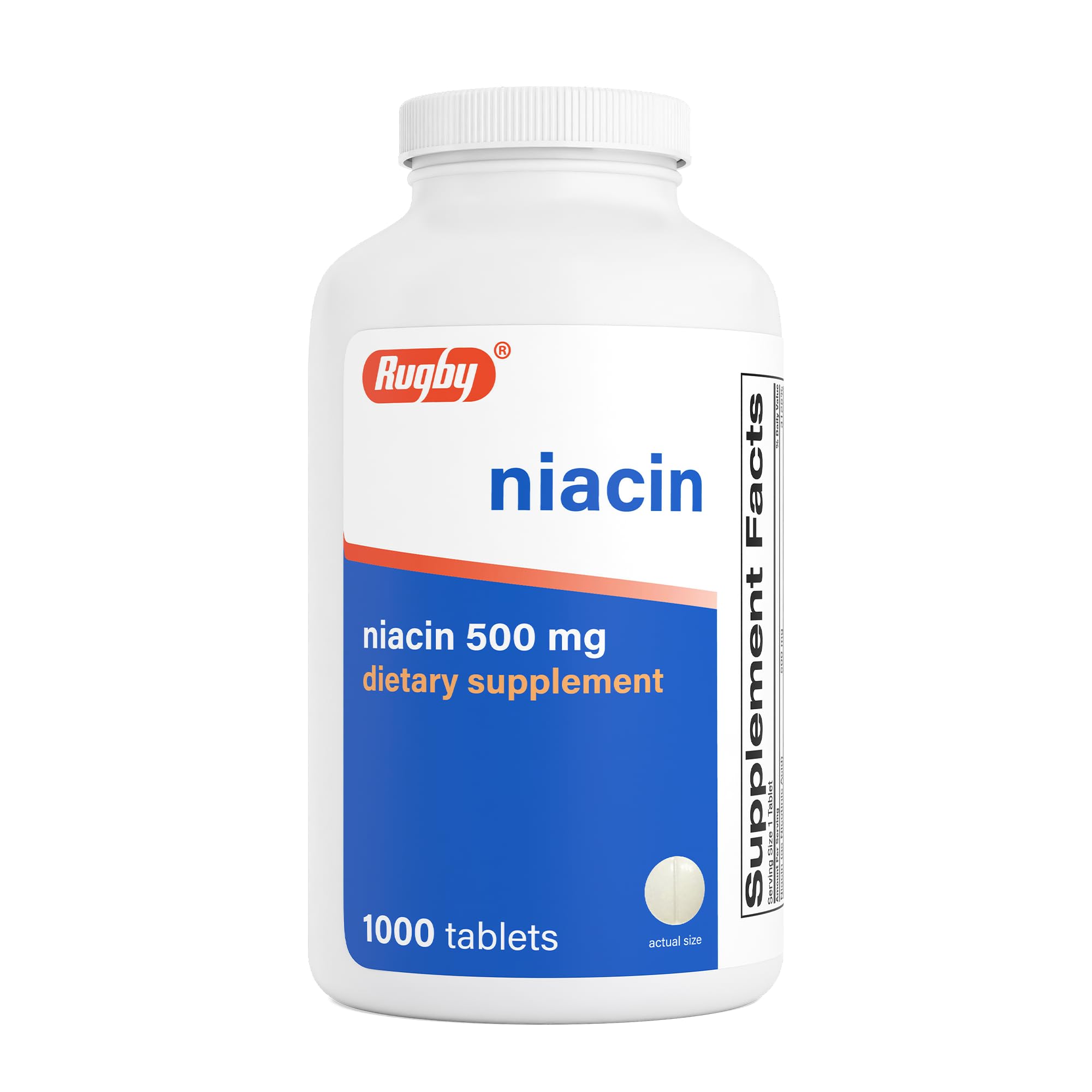 Rugby Niacin 500mg: tabletas en frasco, apoyo al metabolismo energético.
