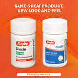 Rugby Niacina 100 mg, primer plano de tabletas mostrando niacina y calcio.