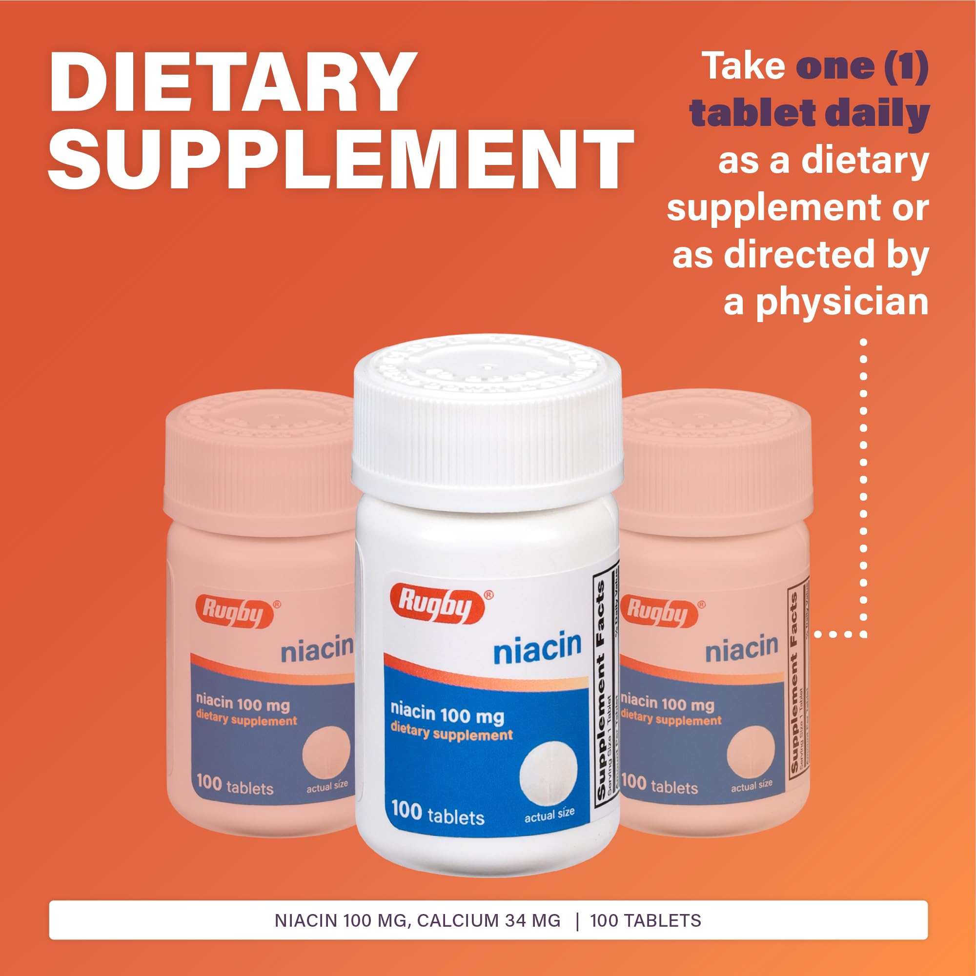 Rugby Niacina 100 mg, envase detallado libre de conservantes y productos animales.