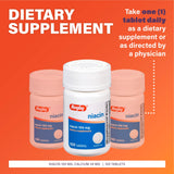 Rugby Niacina 100 mg, envase detallado libre de conservantes y productos animales.