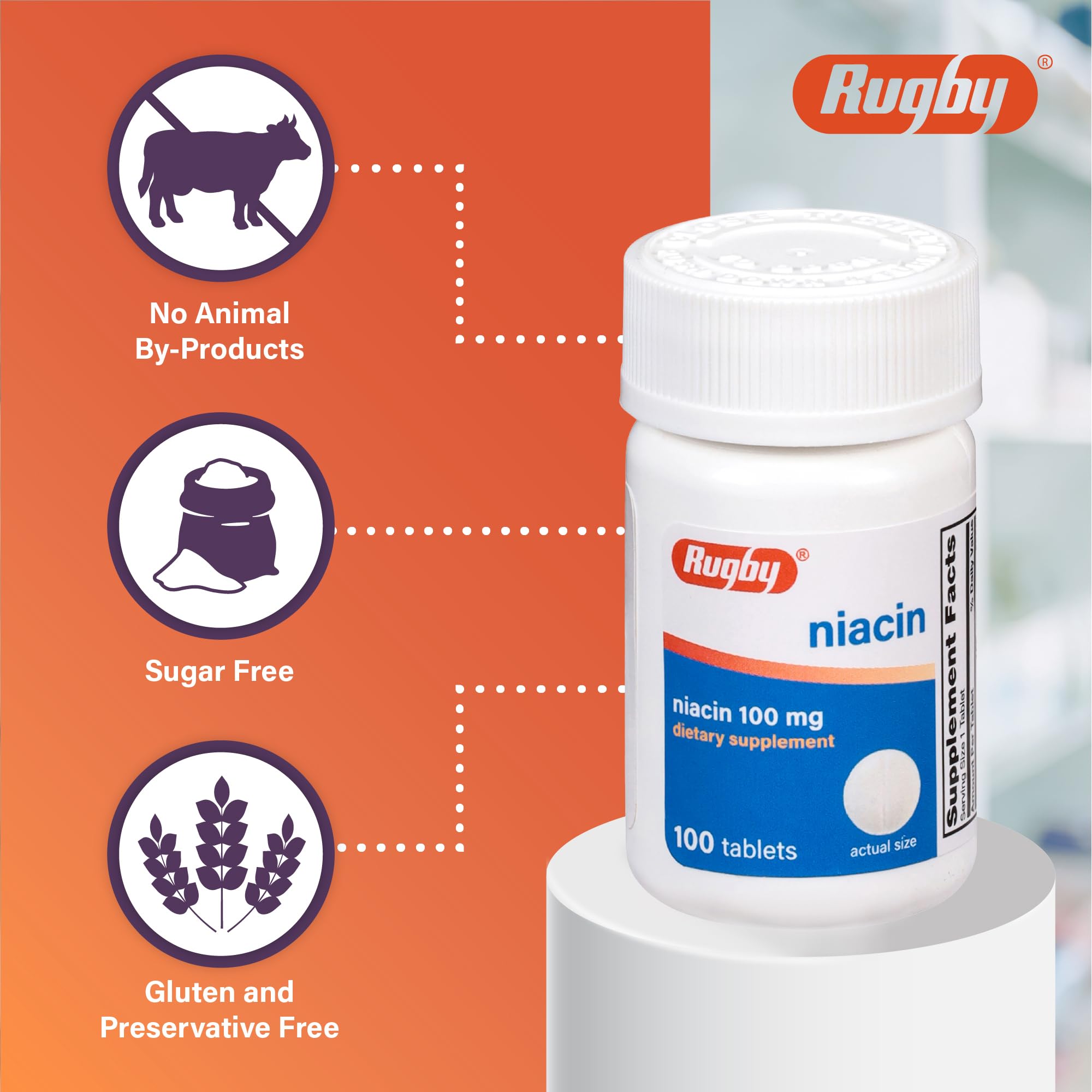 Rugby Niacina 100 mg, uso diario recomendado para consumo cotidiano.