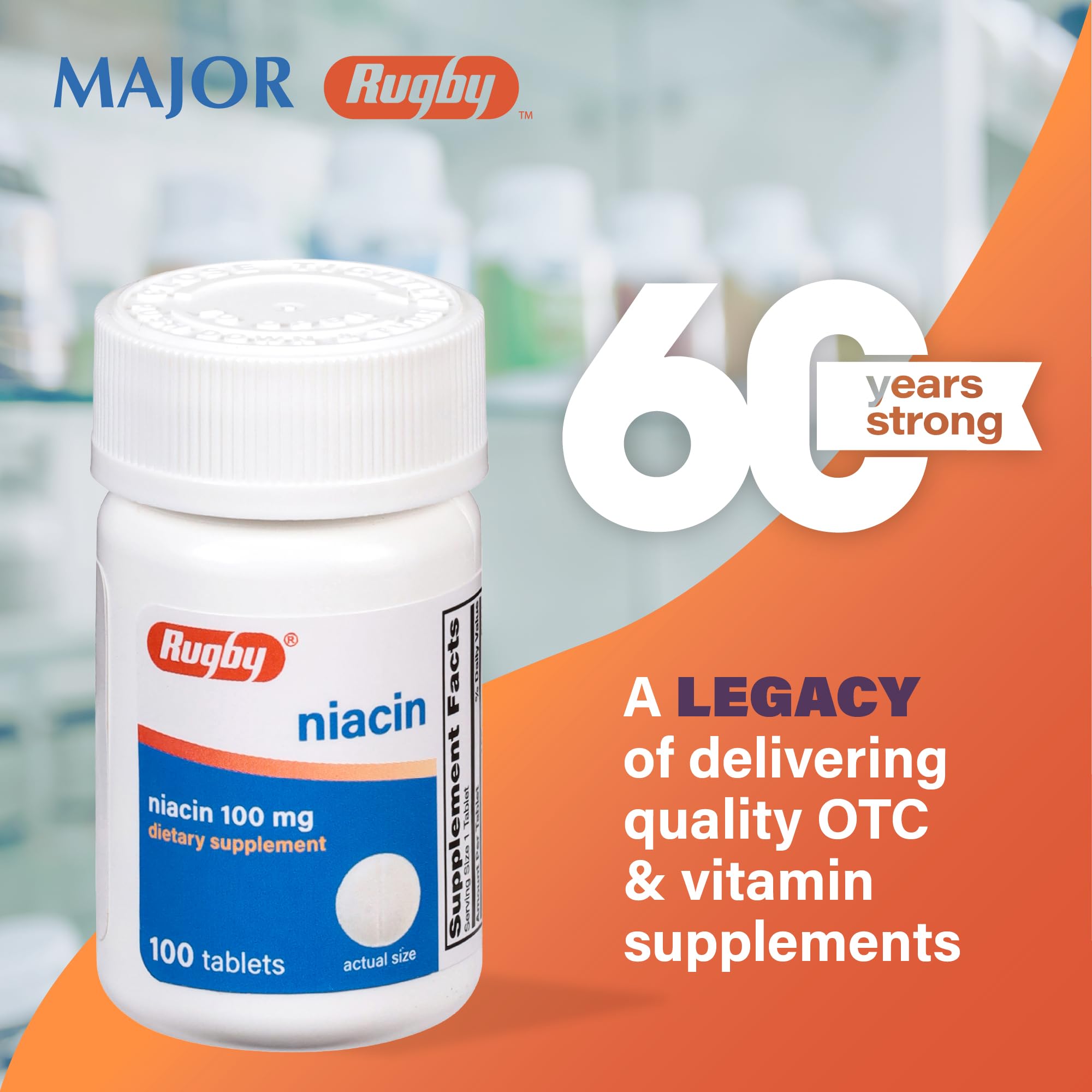 Rugby Niacina 100 mg, detalle trasero con calcio y dosis por tableta.