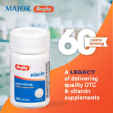 Rugby Niacina 100 mg, detalle trasero con calcio y dosis por tableta.