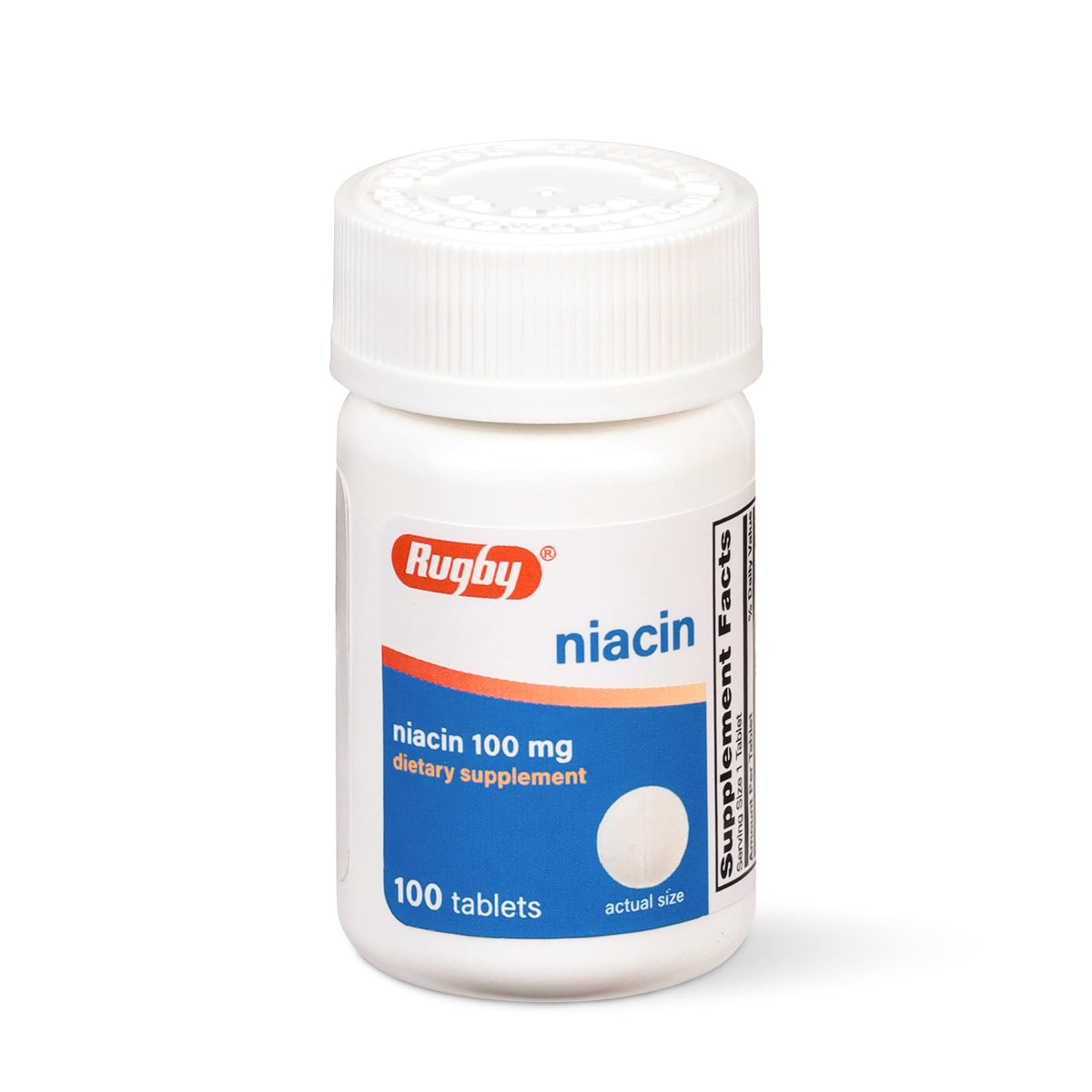 Rugby Niacina 100 mg frente al envase, suplemento diario sin azúcar ni gluten.