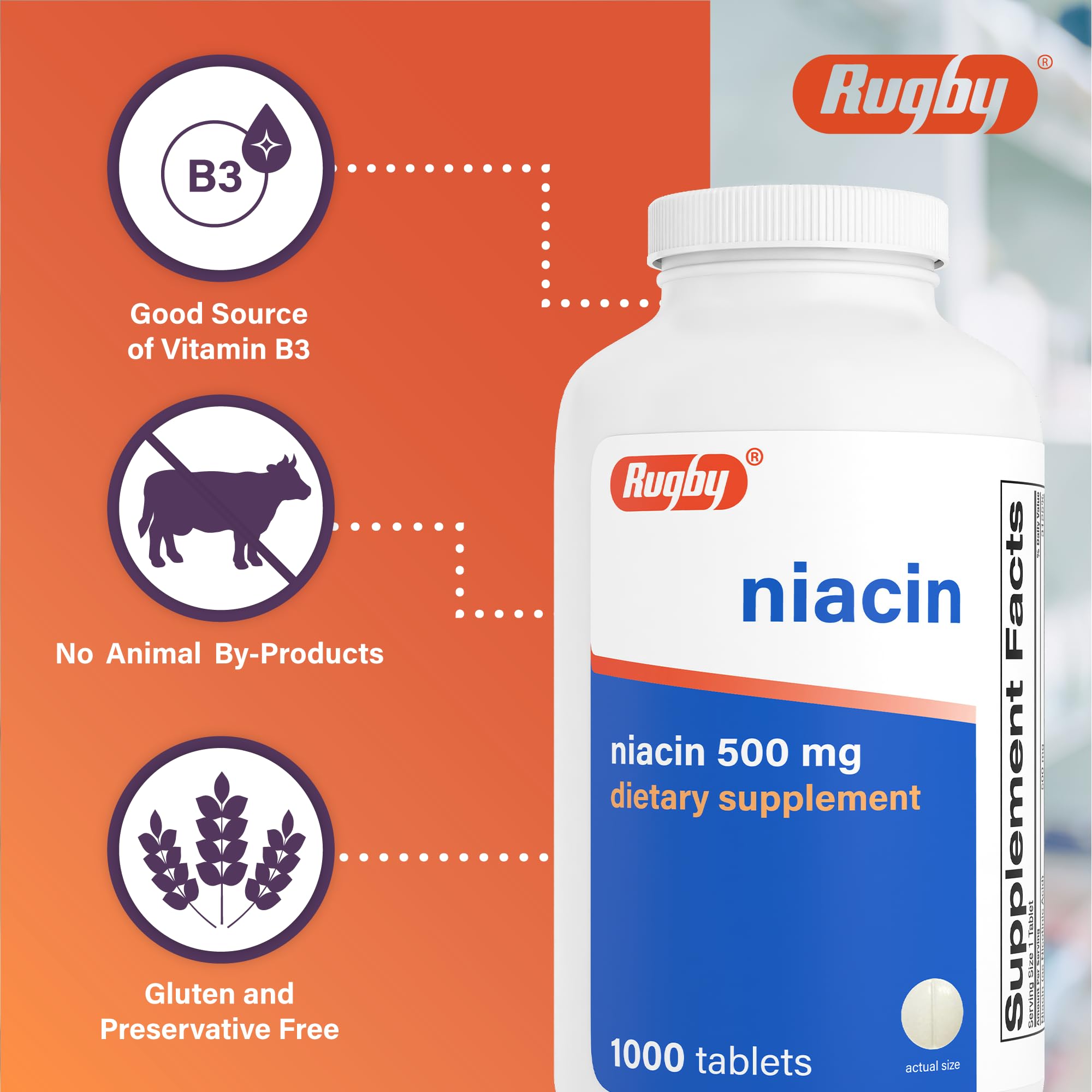 Caja exterior de Rugby Niacina 500 mg, empaque informativo.