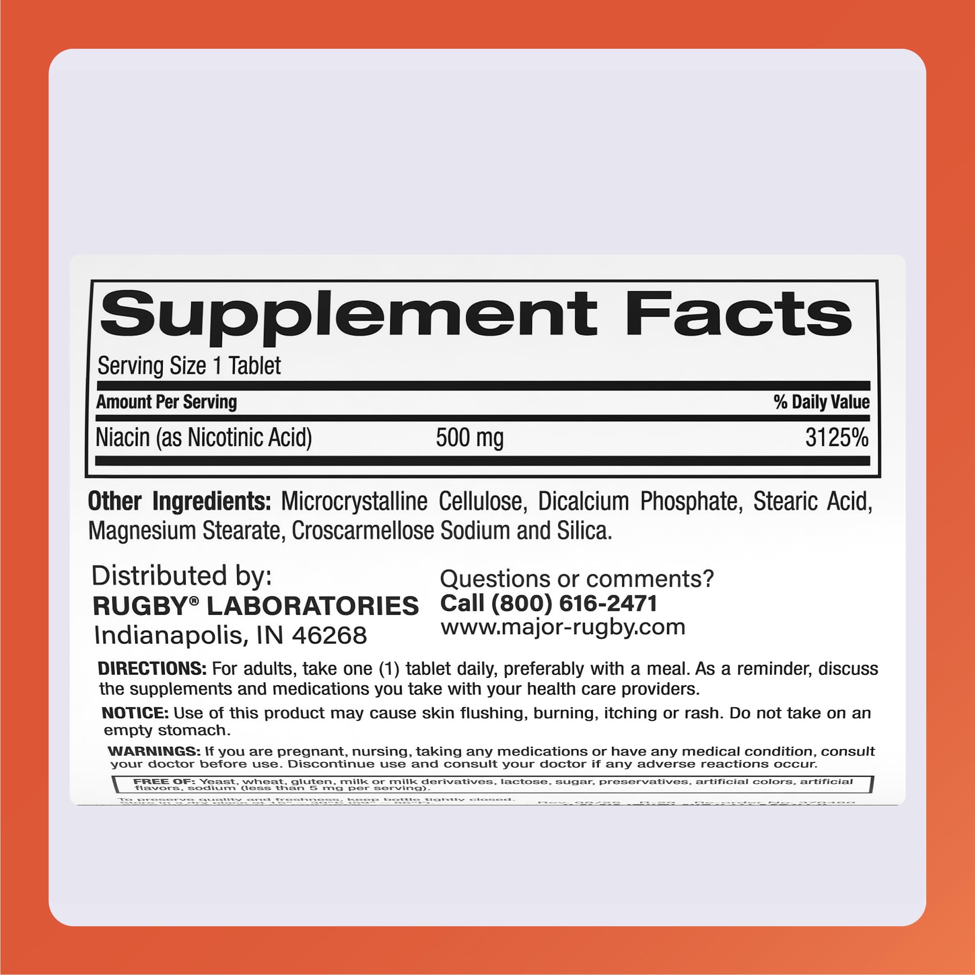 Tabletas Rugby Niacina 500 mg para uso diario.