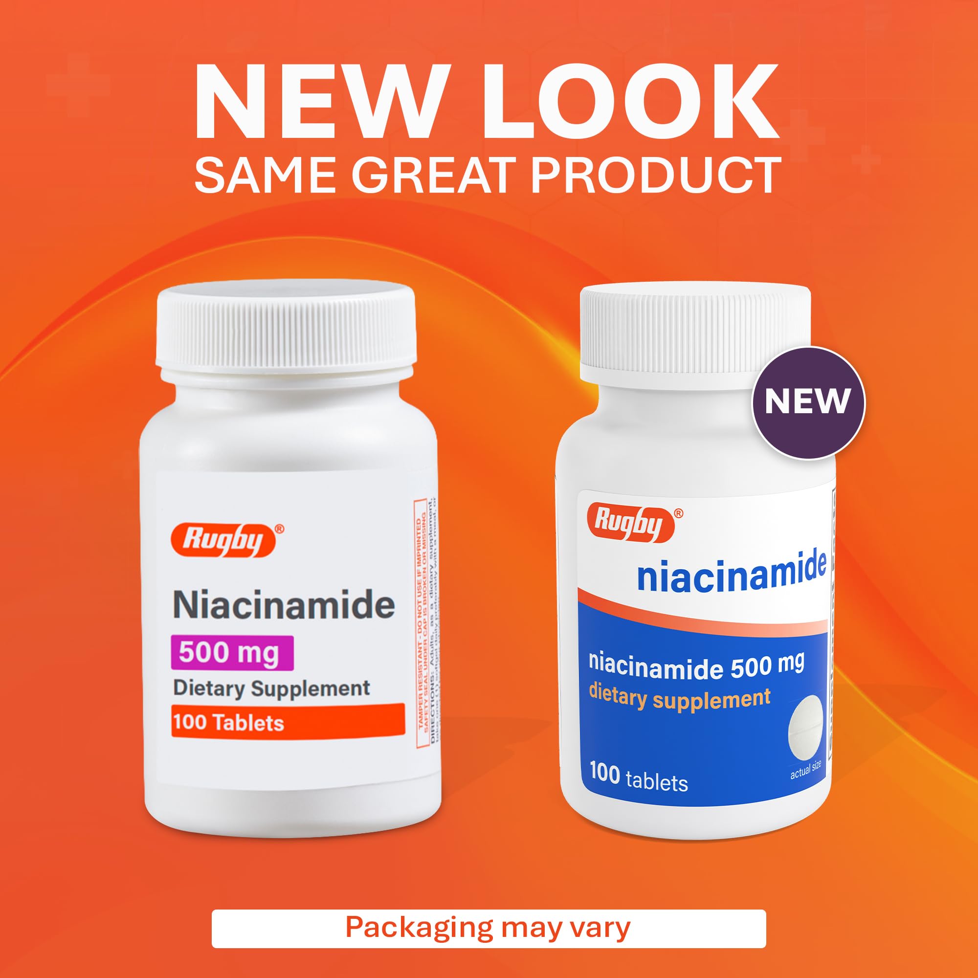 Rugby Niacinamida 500 mg, caja exterior con comprimidos para uso diario