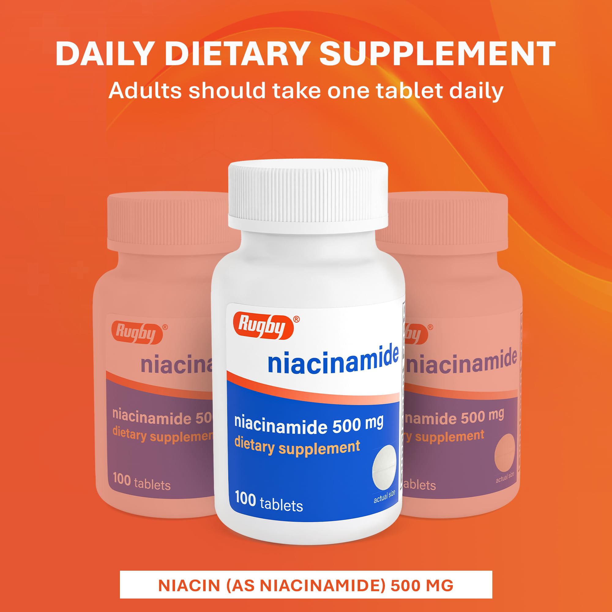 Rugby Niacinamida 500 mg, envase interior revela comprimidos libre de gluten