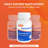 Rugby Niacinamida 500 mg, envase interior revela comprimidos libre de gluten