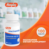 Rugby Niacinamida 500 mg, etiqueta frontal con información de uso