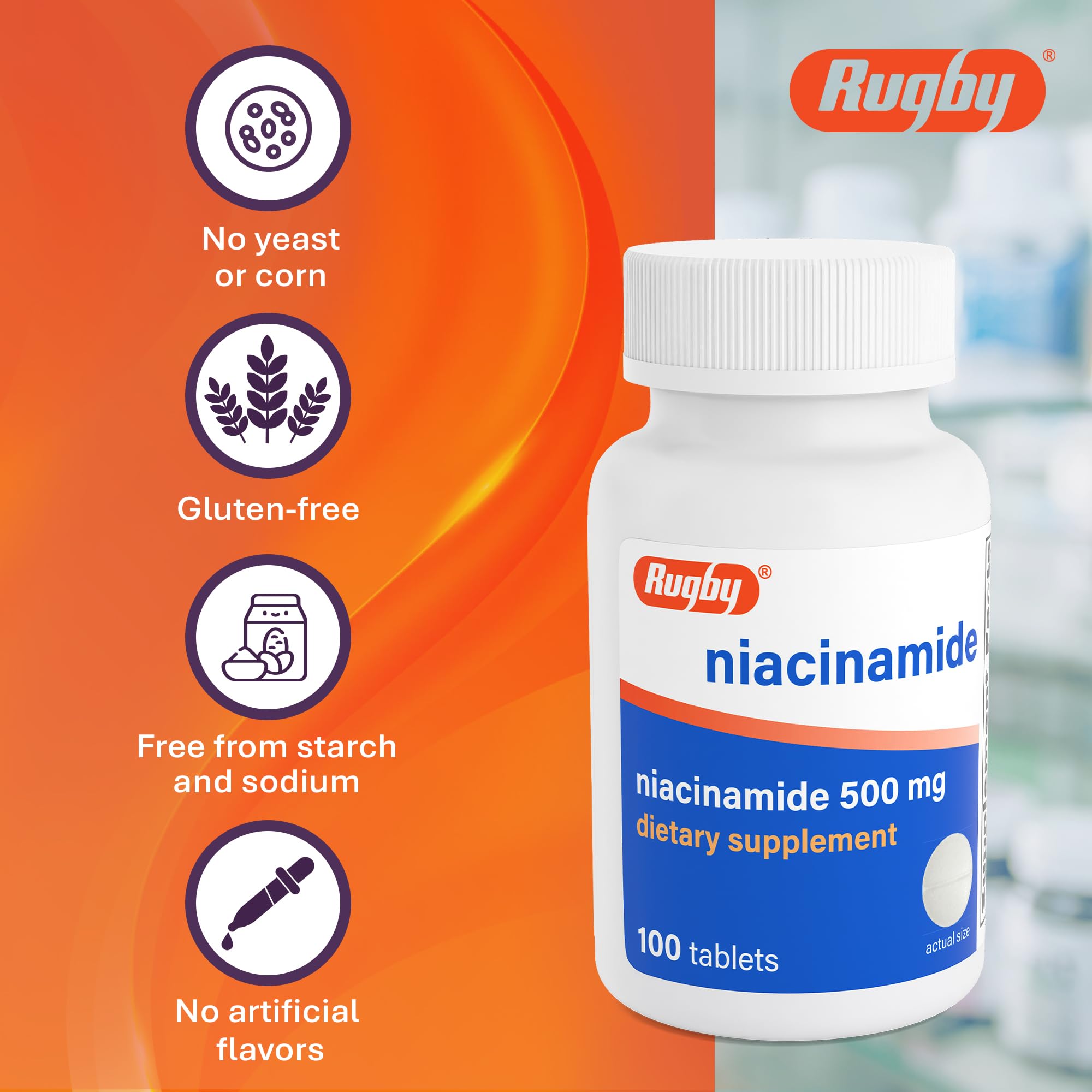Rugby Niacinamida 500 mg, empaque interior destaca ingredientes