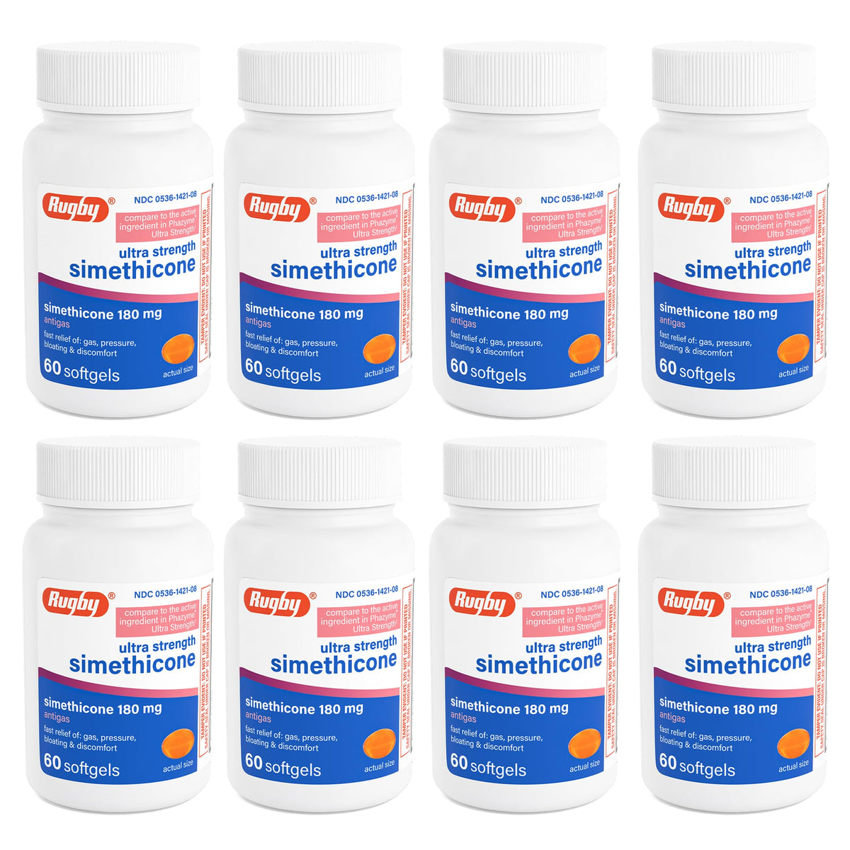 Rugby Simeticona 180 mg: cápsulas suaves para aliviar gases tras las comidas.