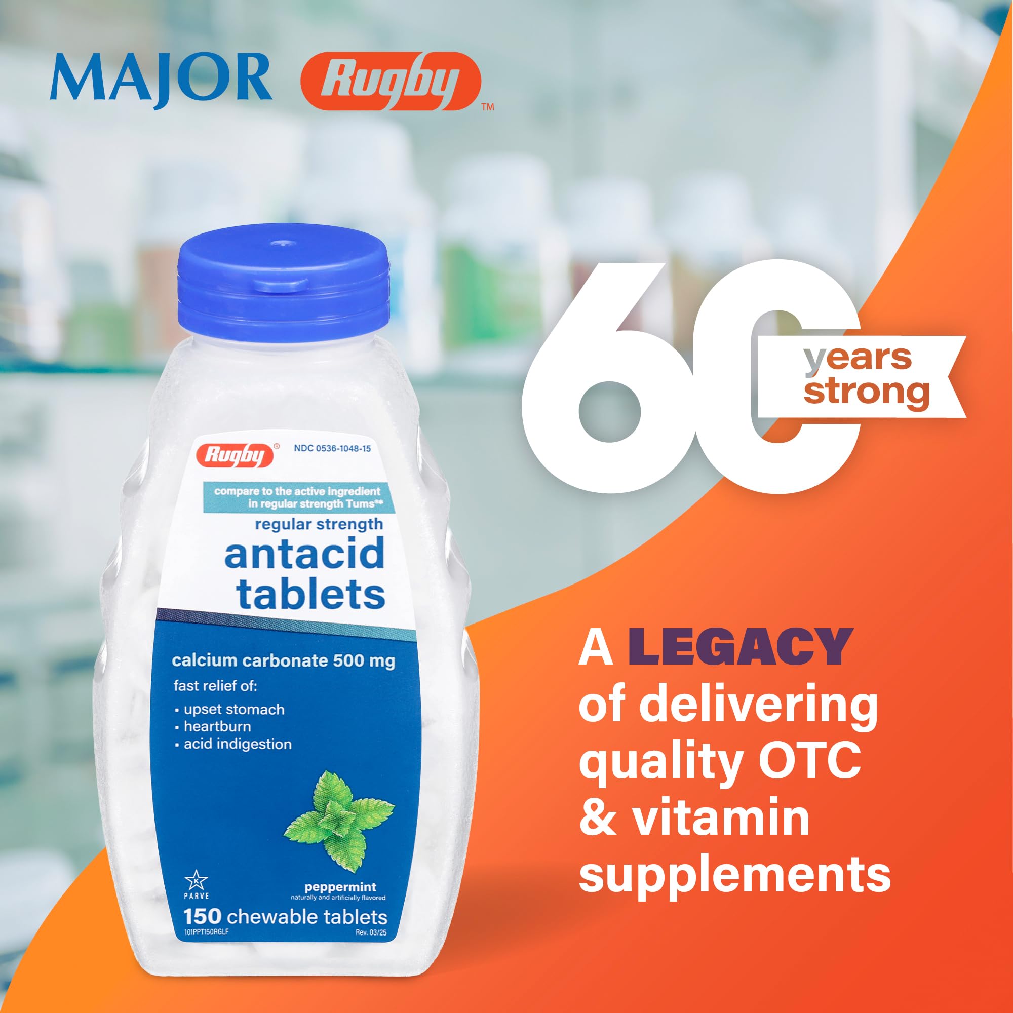 Rugby tabletas calcio carbonato 500 mg, sabor menta, opción masticable para digestión