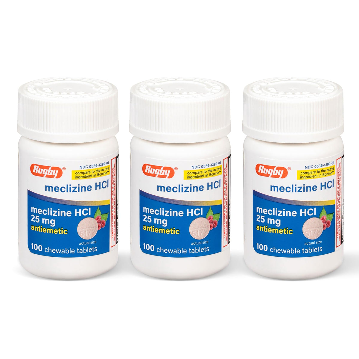 Rugby Meclizina 25 mg, empaque 3 pack, para mareos de viaje.
