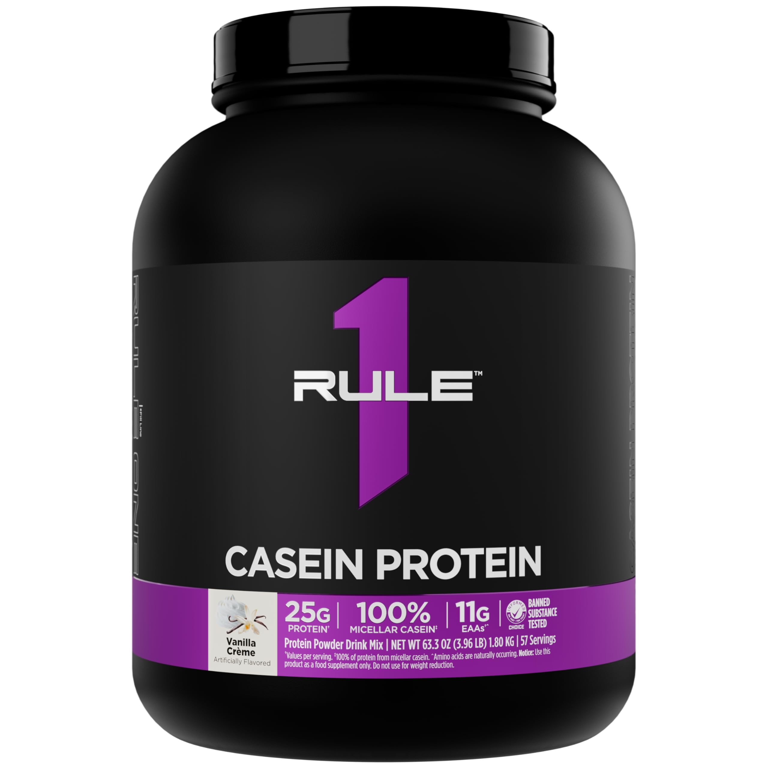 Rule 1 Proteins Casein Protein: bote vainilla-creme para consumo nocturno.