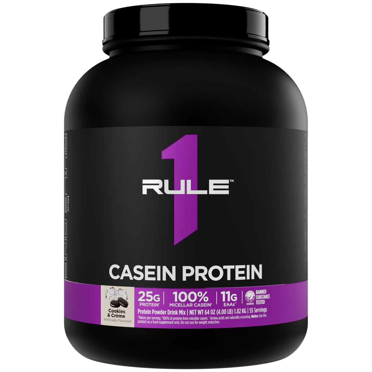 Rule 1 Proteins Caseina, pote de 4 lb listo para uso nocturno.