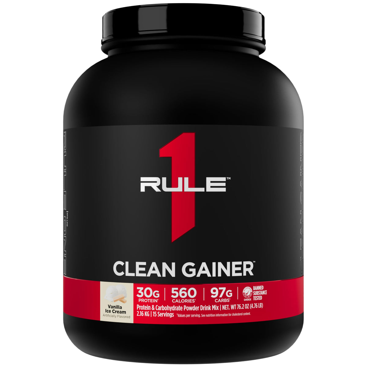 Rule 1 Proteins Clean Gainer envase vainilla listo para una toma rápida