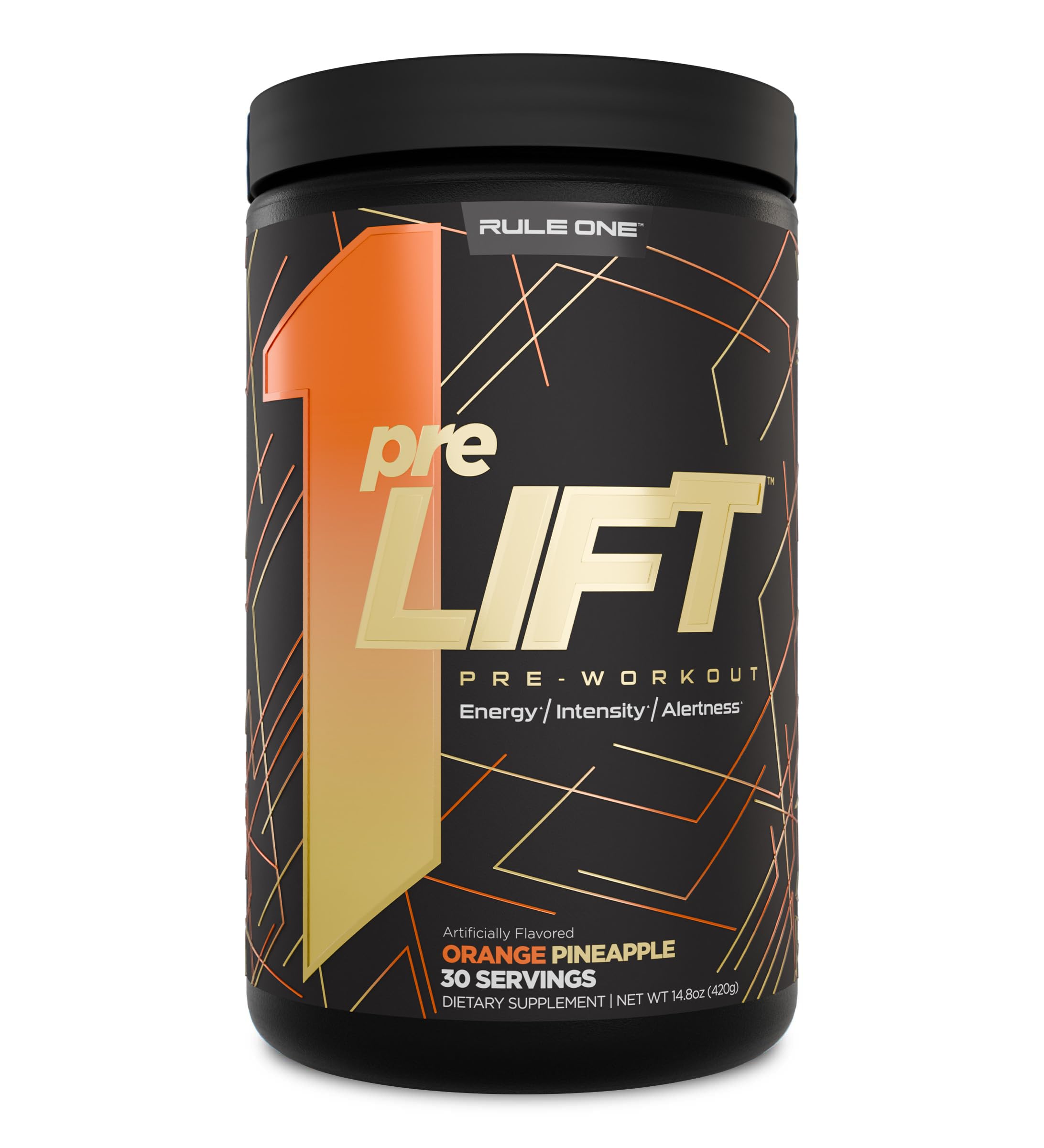 Rule 1 Proteins preLIFT, envase abierto, muestra la etiqueta de dosis para energía en entrenos