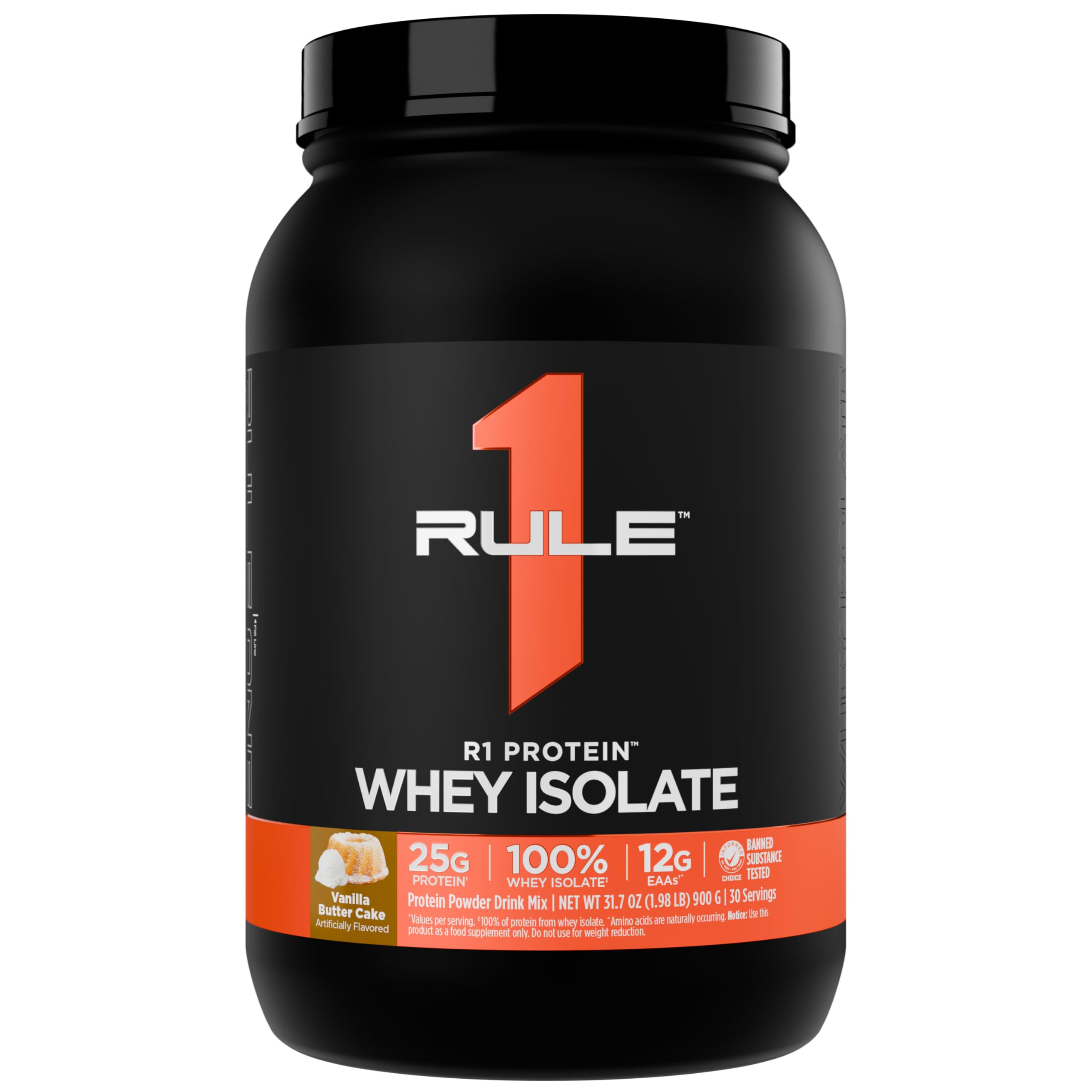R1 Protein Whey Isolate en bote de 2 libras, sabor vainilla mantequilla, ideal para empezar el día