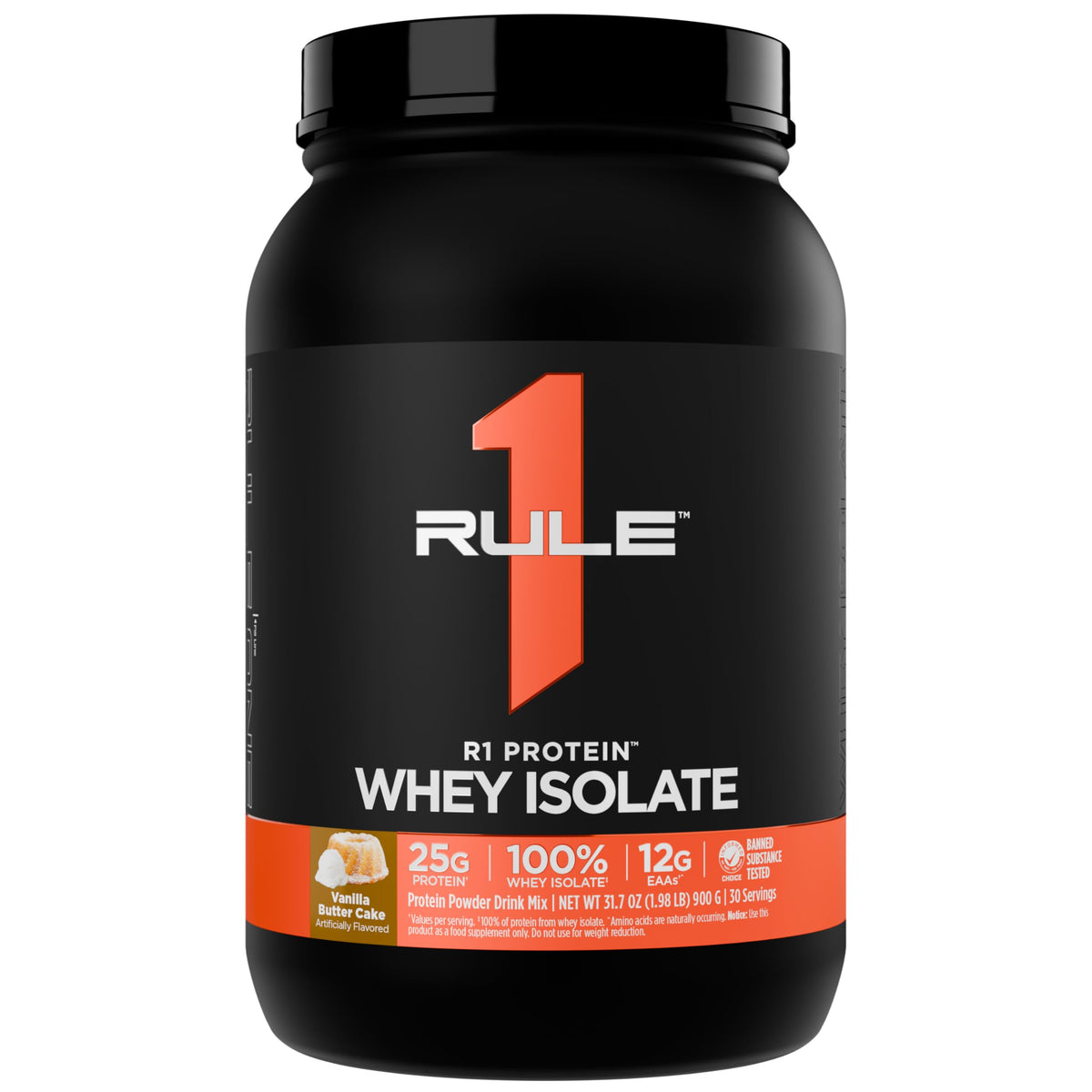 R1 Protein Whey Isolate en bote de 2 libras, sabor vainilla mantequilla, ideal para empezar el día
