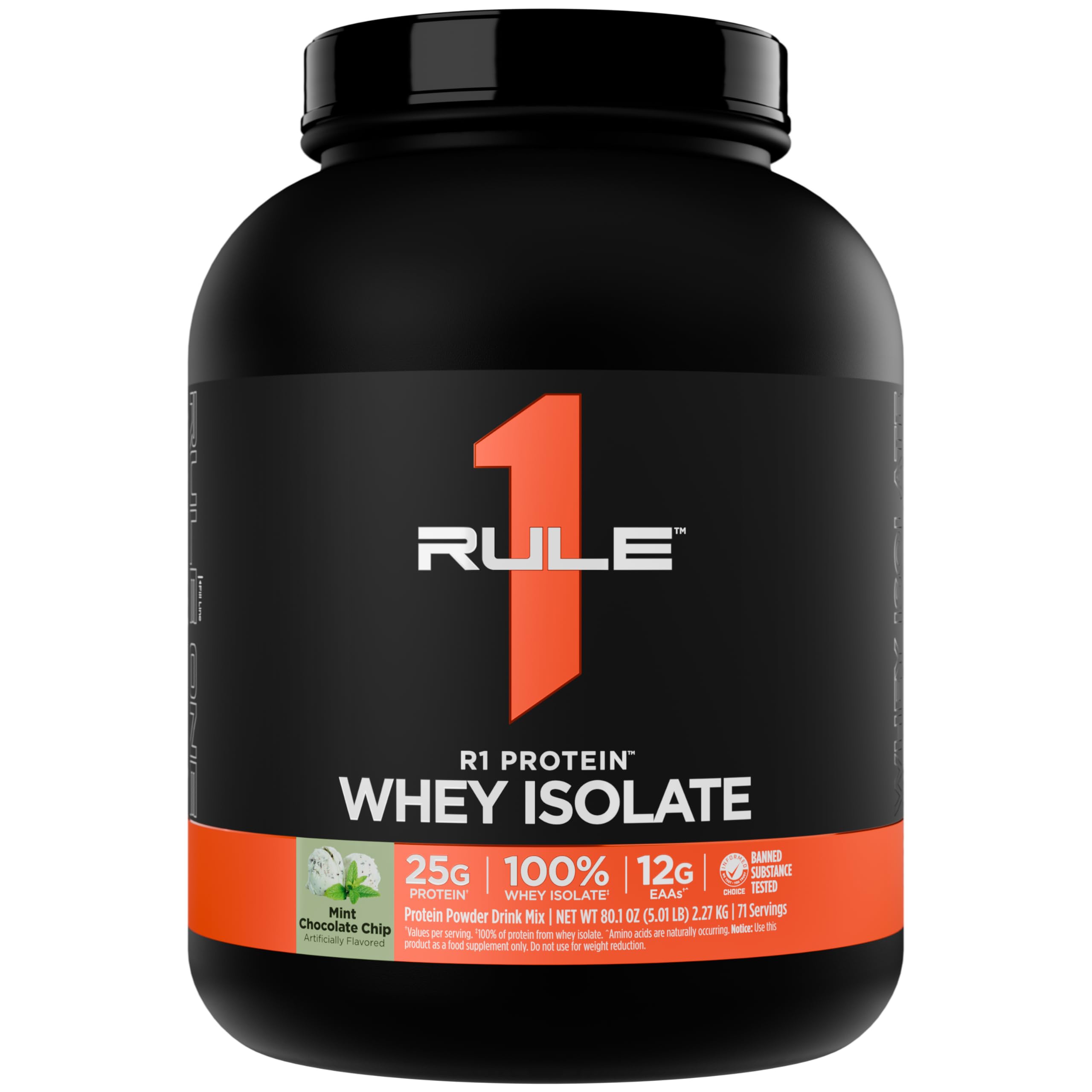 R1 Proteína aislada en envase, sabor menta-chocolate-chip, ideal para recuperación posentrenamiento