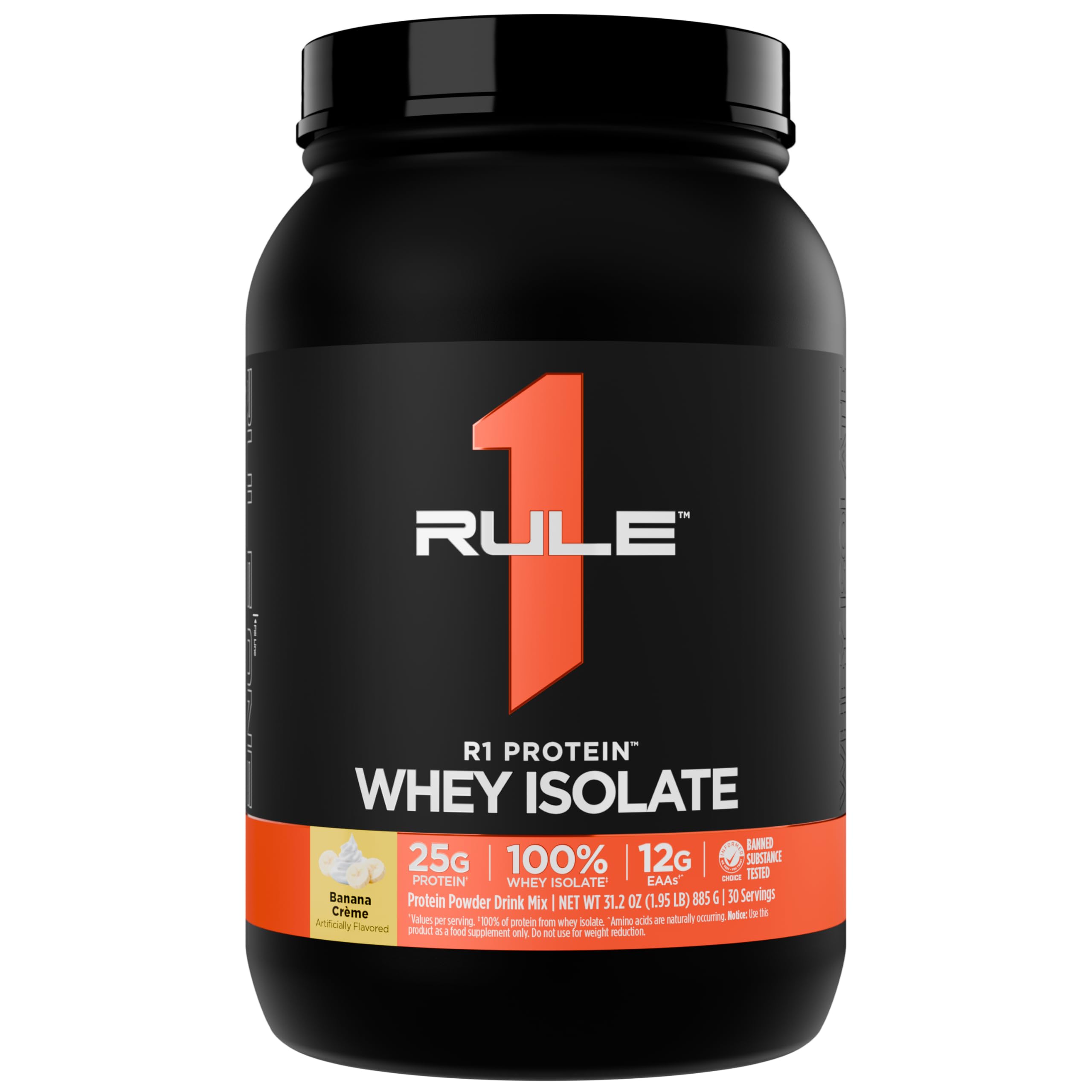 R1 Proteínas de Suero Aislado en bote banana crema, 25 g proteína por porción.