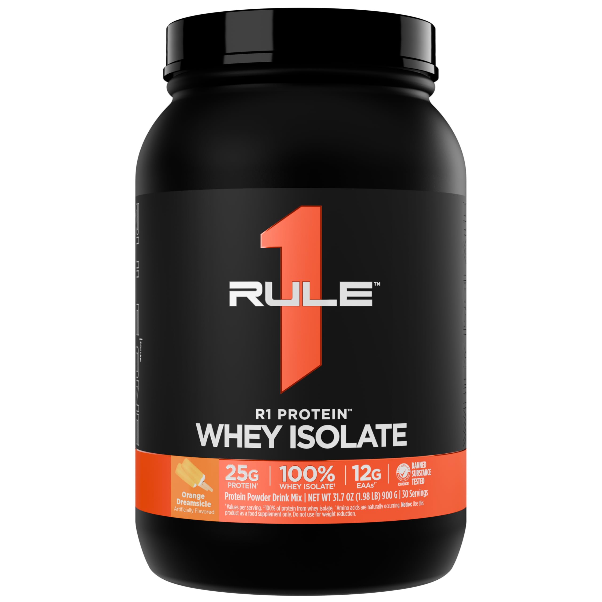 Rule 1 Proteins R1 Whey Isolate en lata naranja, 25 g de proteína por porción para recuperación posentrenamiento