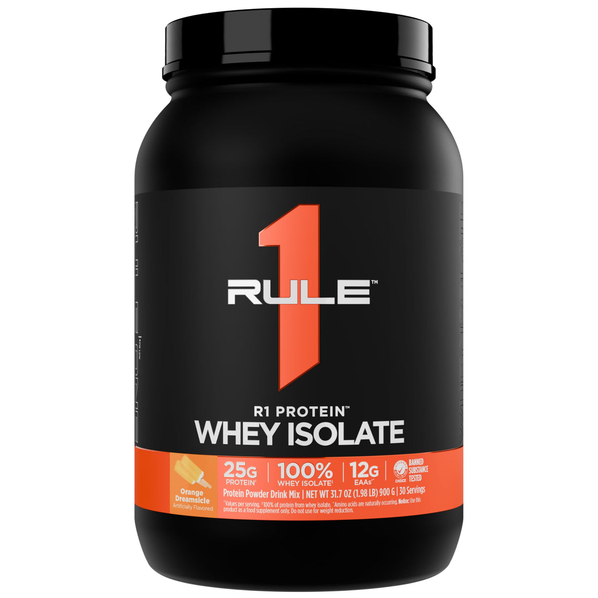 Rule 1 Proteins R1 Whey Isolate en lata naranja, 25 g de proteína por porción para recuperación posentrenamiento