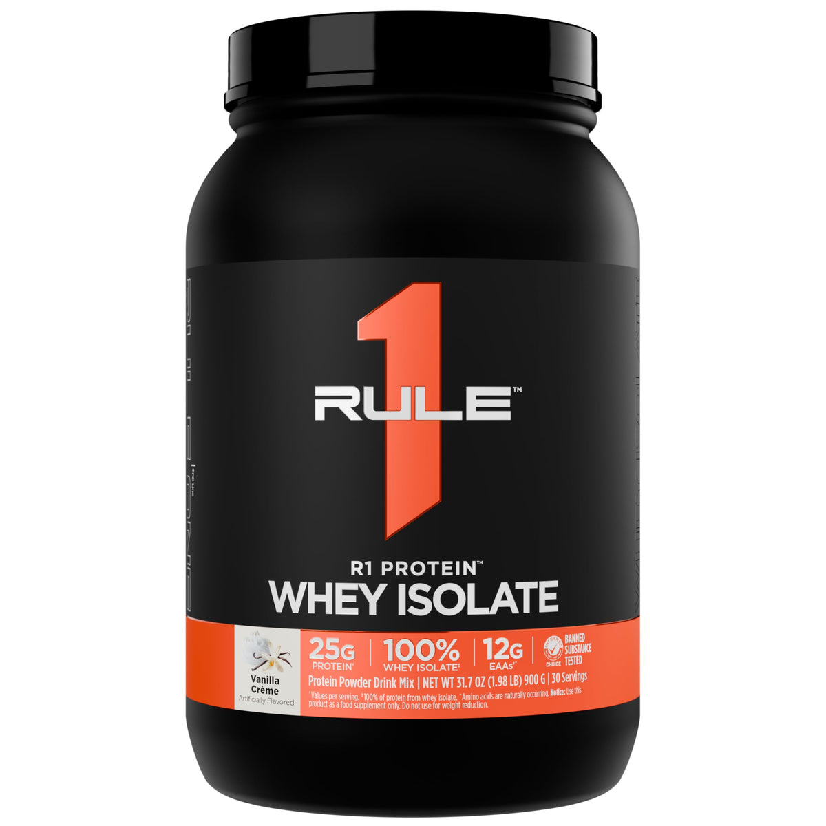 R1 Protein Whey Isolate en bote con sabor Vanilla Créme, proteína rápida para entrenamientos.