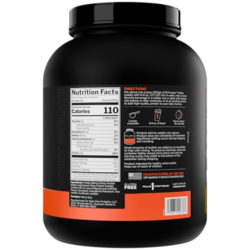 Etiqueta de R1 Protein Whey Isolate con información clara para plan de alimentación.