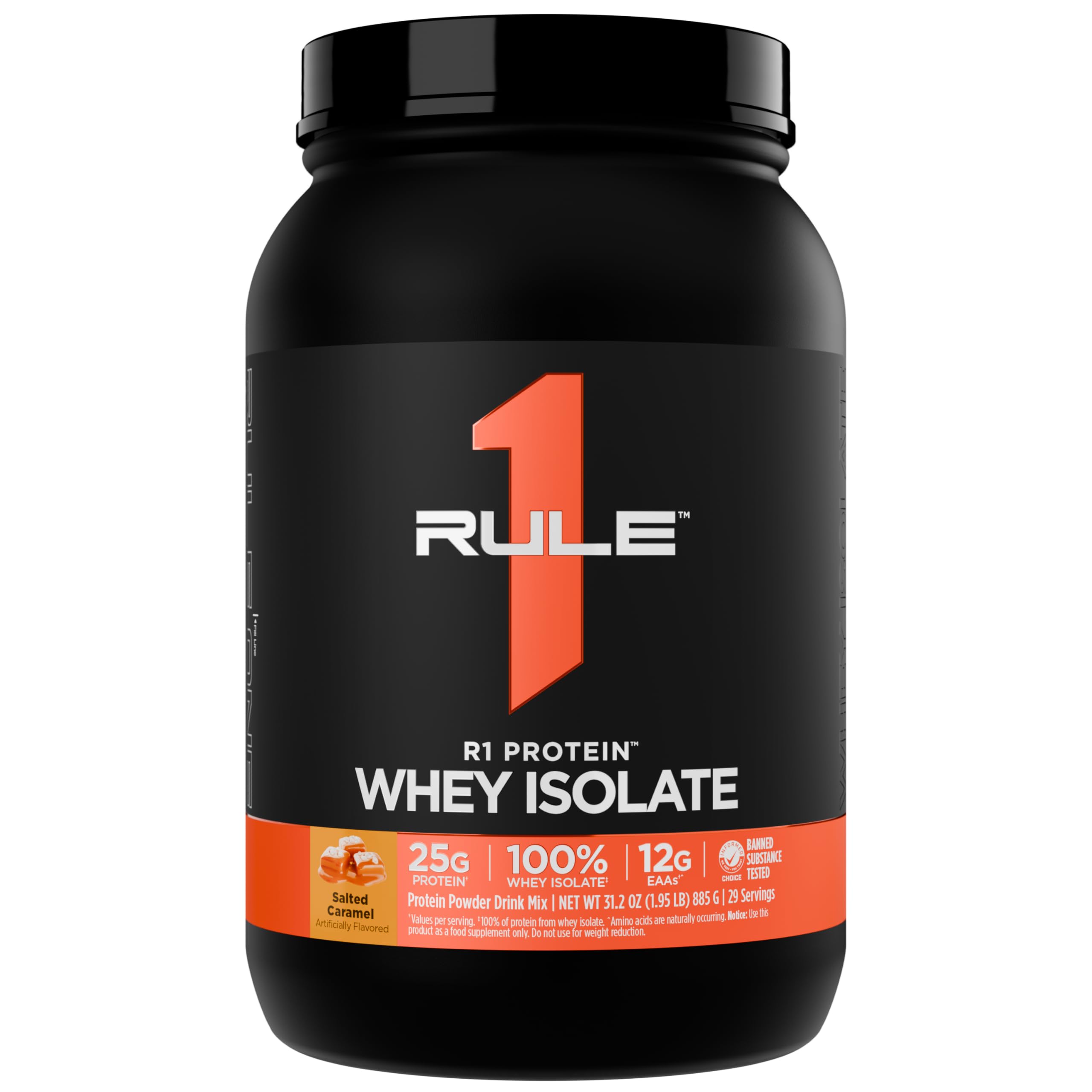 Rule 1 Proteins R1 Whey Isolate, frasco 2 lb sabor caramelo salado, ideal para recuperación.
