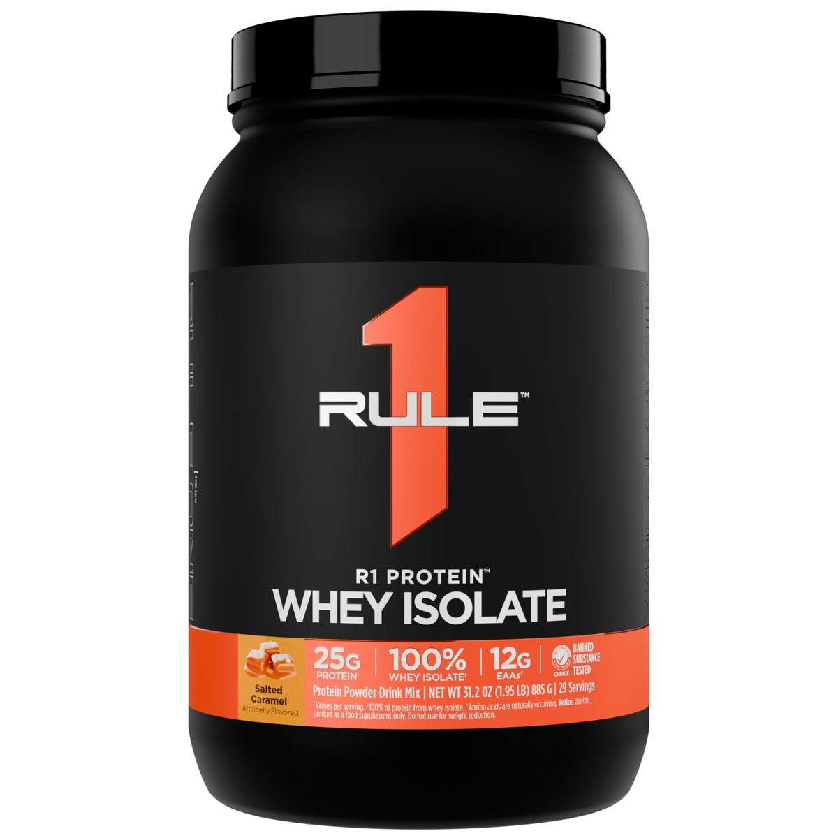 Rule 1 Proteins R1 Whey Isolate, frasco 2 lb sabor caramelo salado, ideal para recuperación.