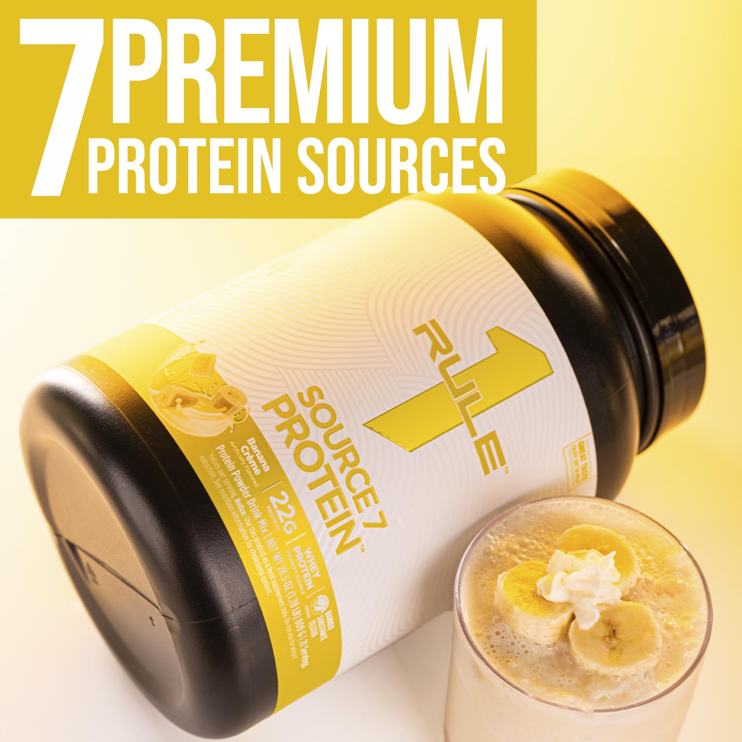 Rule 1 Proteins Source 7 Protein, porción de 22 g, proteína completa para uso diario.