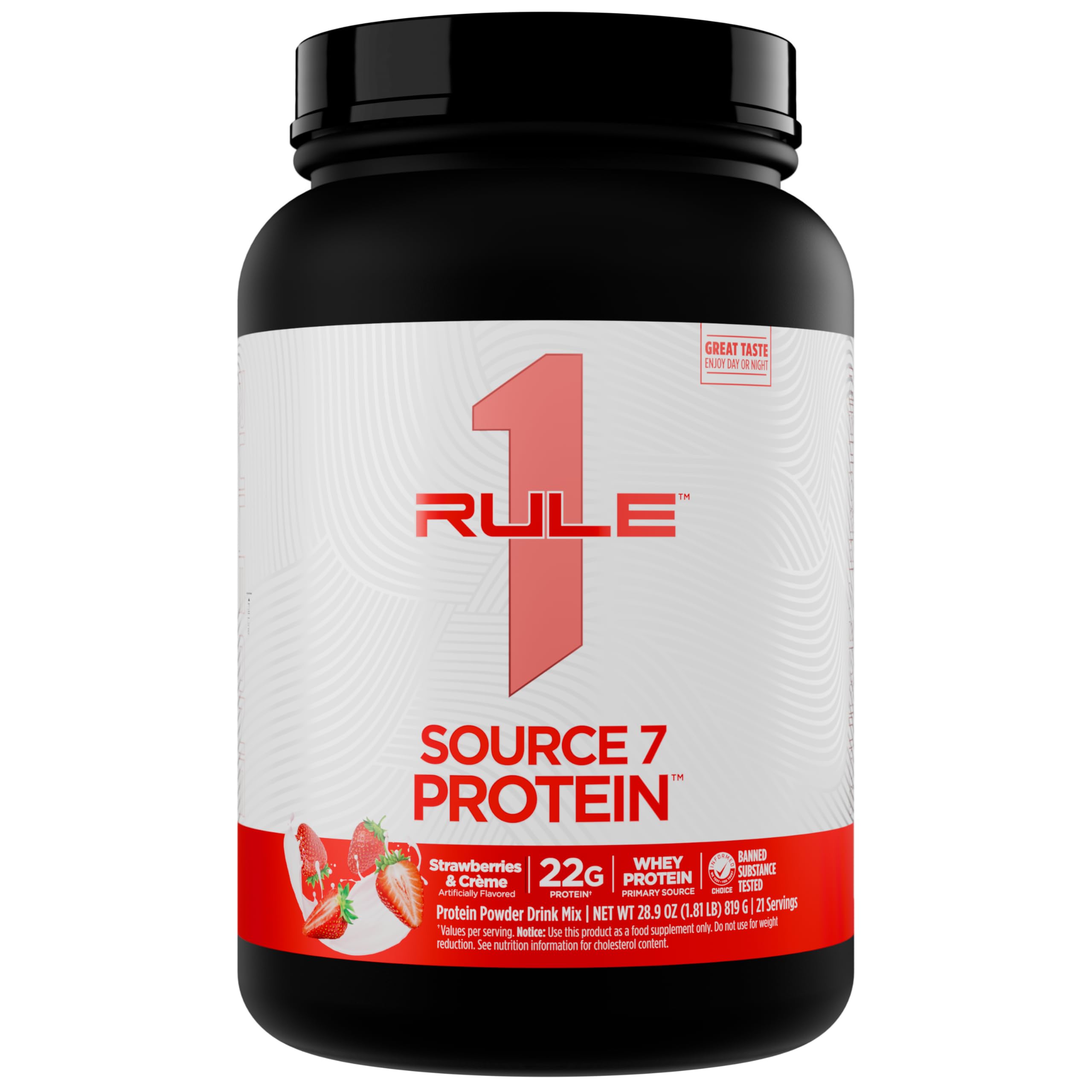 Rule 1 Proteins Source 7 Protein, taza fresa crema, sabor decadente para recargar después del entrenamiento.