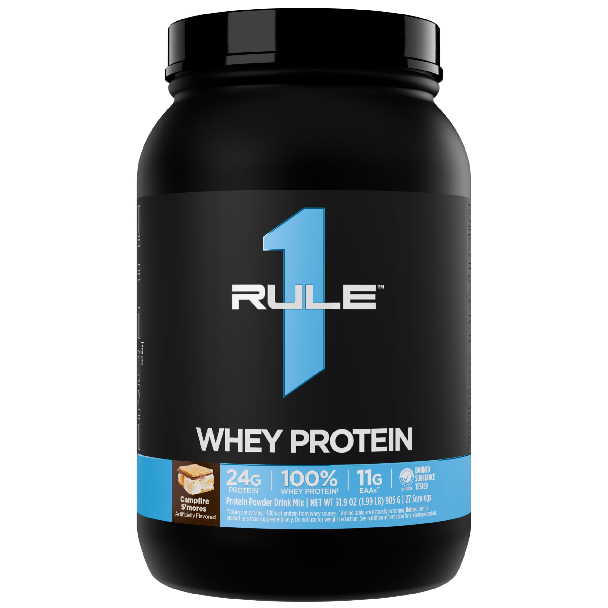 Rule 1 Proteins Whey Protein, acción rápida, 24 g de proteína por porción para recuperación.