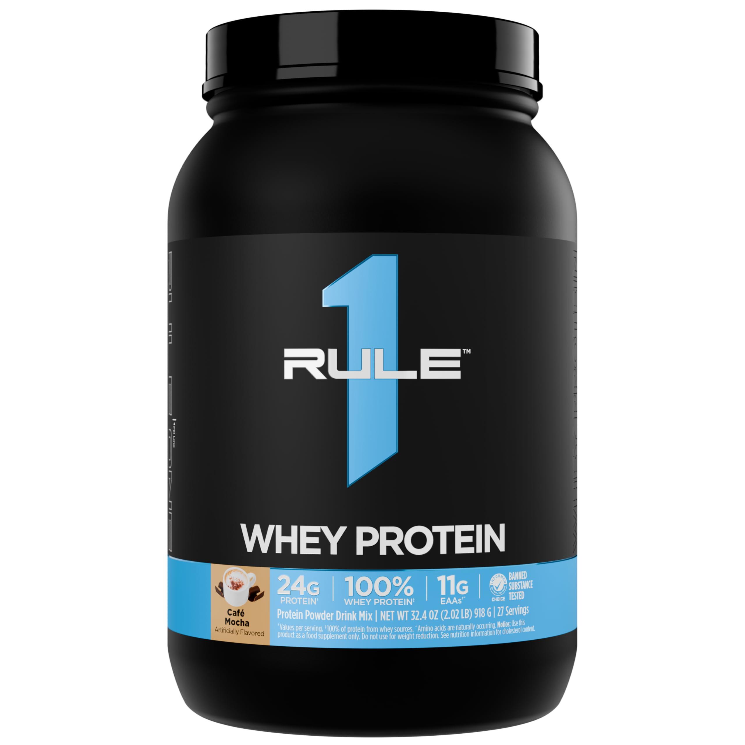 Rule 1 Proteins Whey Protein 24 g, porcion cafe mocha, ideal para empezar el dia con proteina.