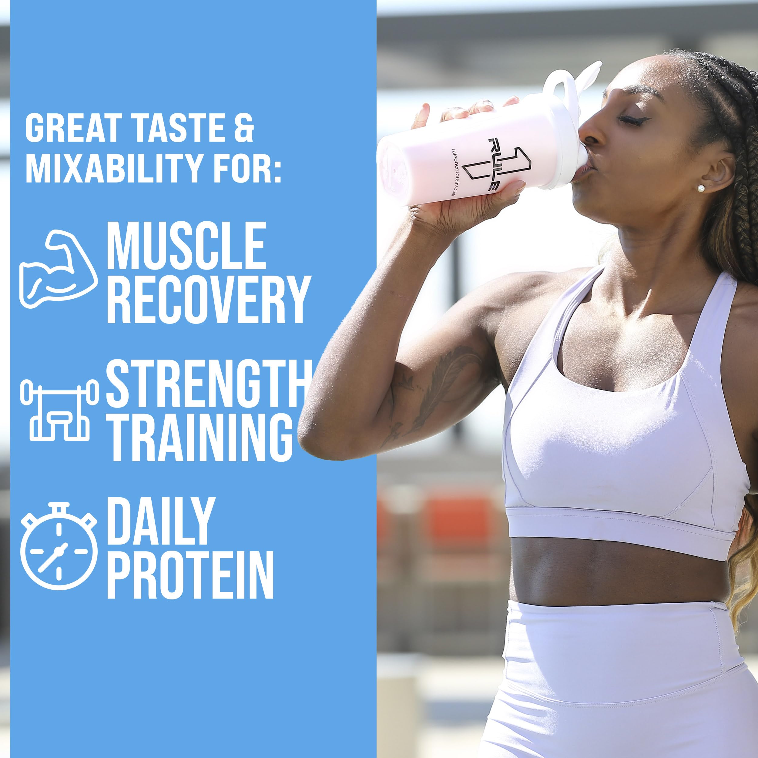Rule 1 Proteins Whey Protein frasco visible para control de porciones