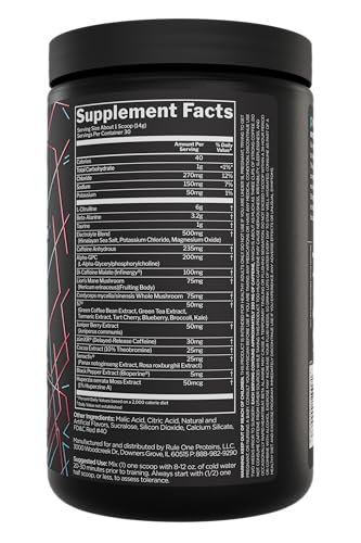 Rule 1 Proteins preLIFT, etiqueta del bote con dosis transparentes para entrenamientos.