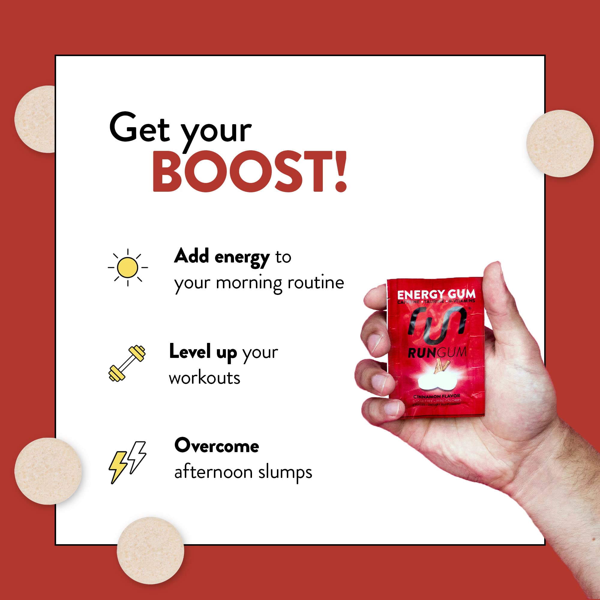Run Gum cafeína-taurina, primer plano para energía en entrenamientos