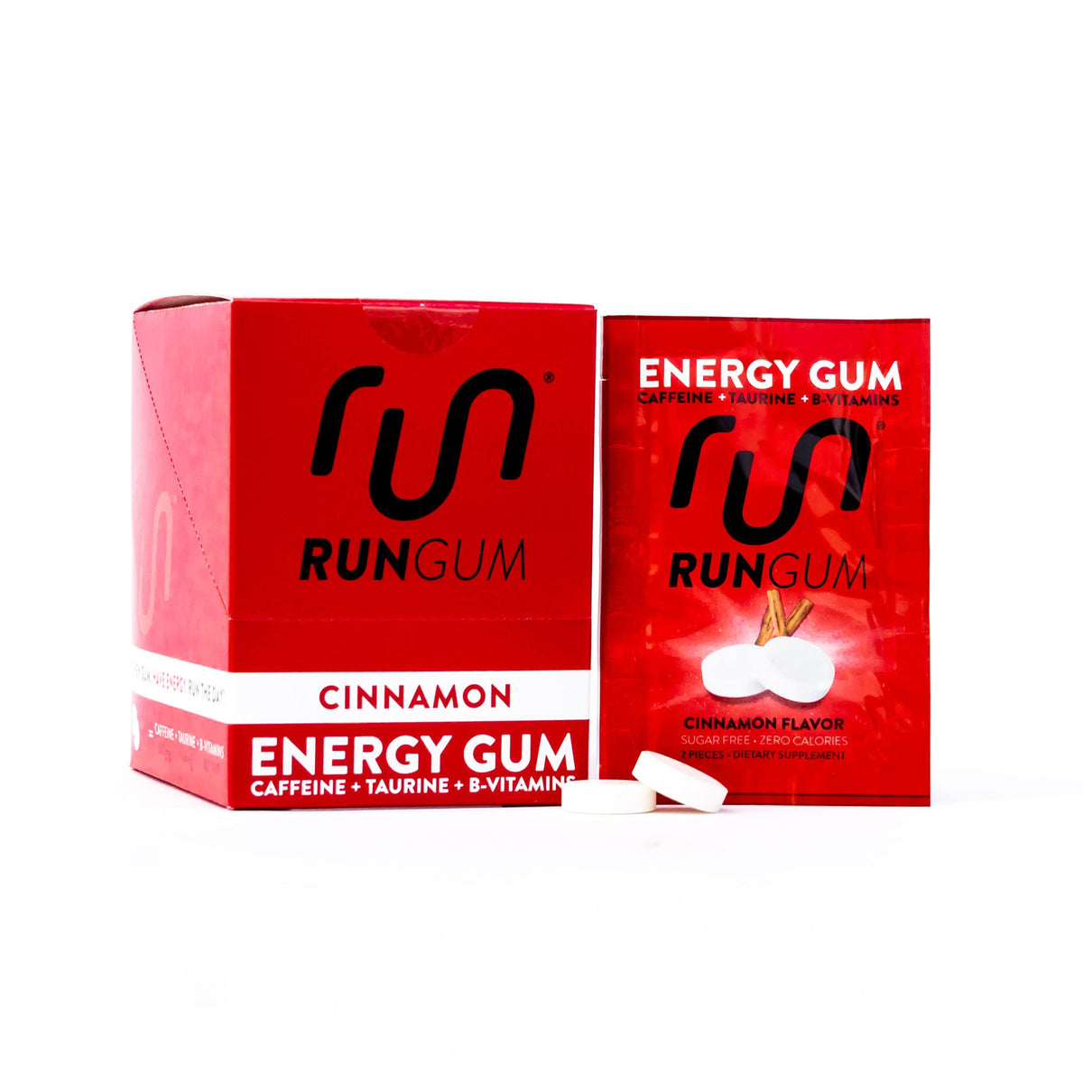 Run Gum Canela Energizante, empaque de dos piezas para energía rápida sin azúcar