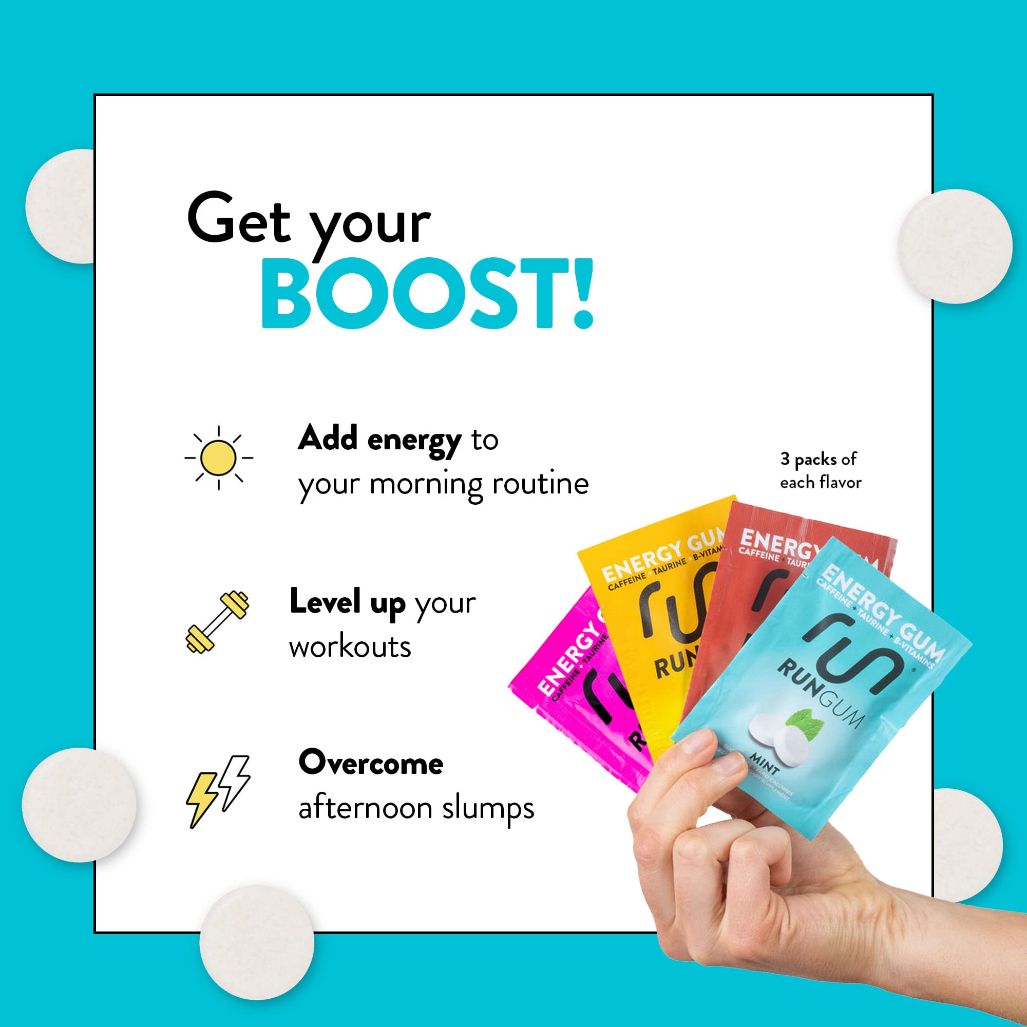 Run Gum chicletes energizantes de 50 mg: consumo rápido para estudiar o entrenar.