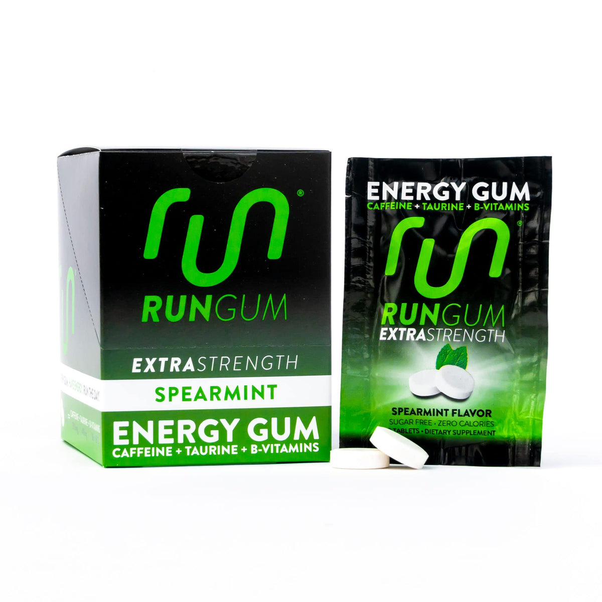 Run Gum Menta, caja de 12 packs para energía rápida durante el día.