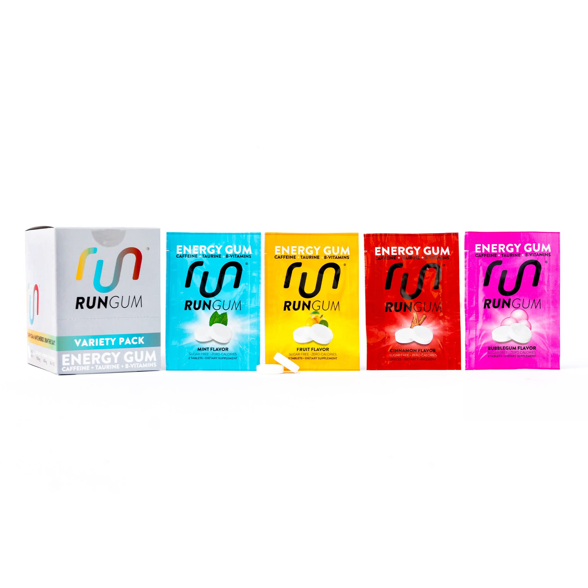 Run Gum Pack Variedad: caja frontal muestra el producto y ofrece energía limpia.