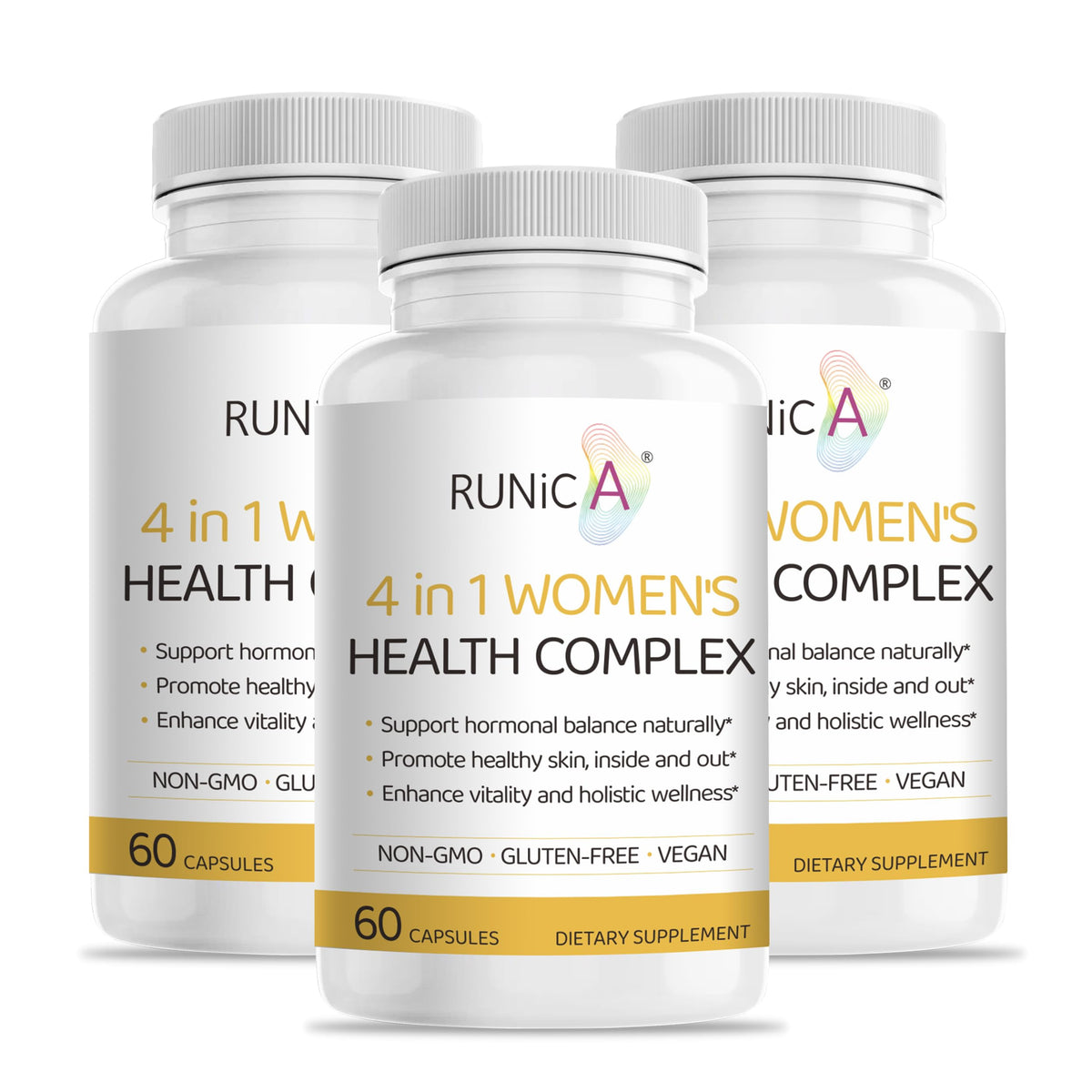 RUNICA: botella con cápsulas para balance hormonal y alivio suave de bochornos.