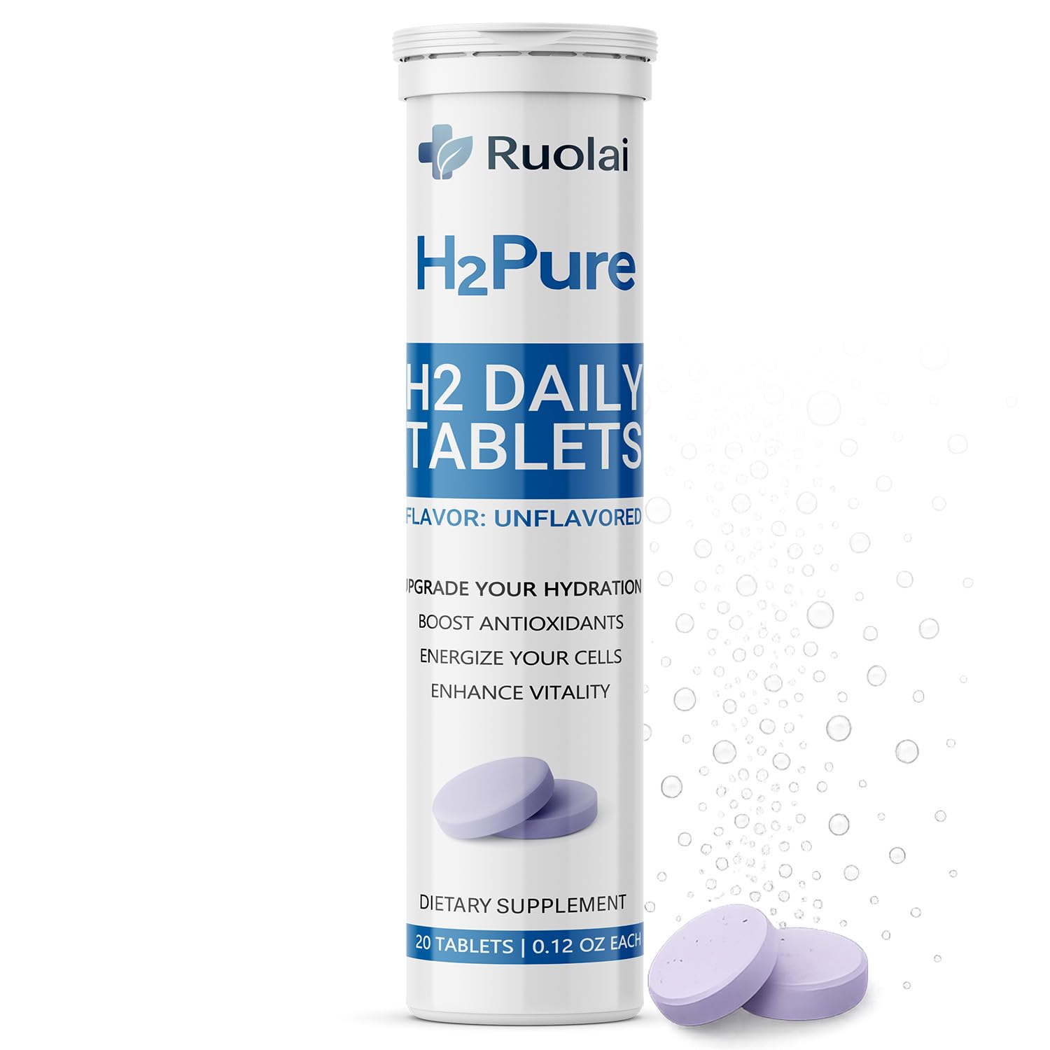 Ruolai H2pure tableta en agua, hidratación rápida sin cafeína.