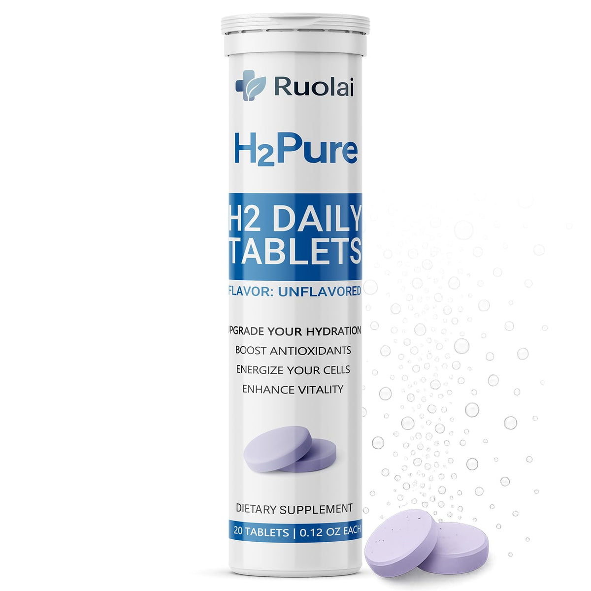 Ruolai H2pure tableta en agua, hidratación rápida sin cafeína.