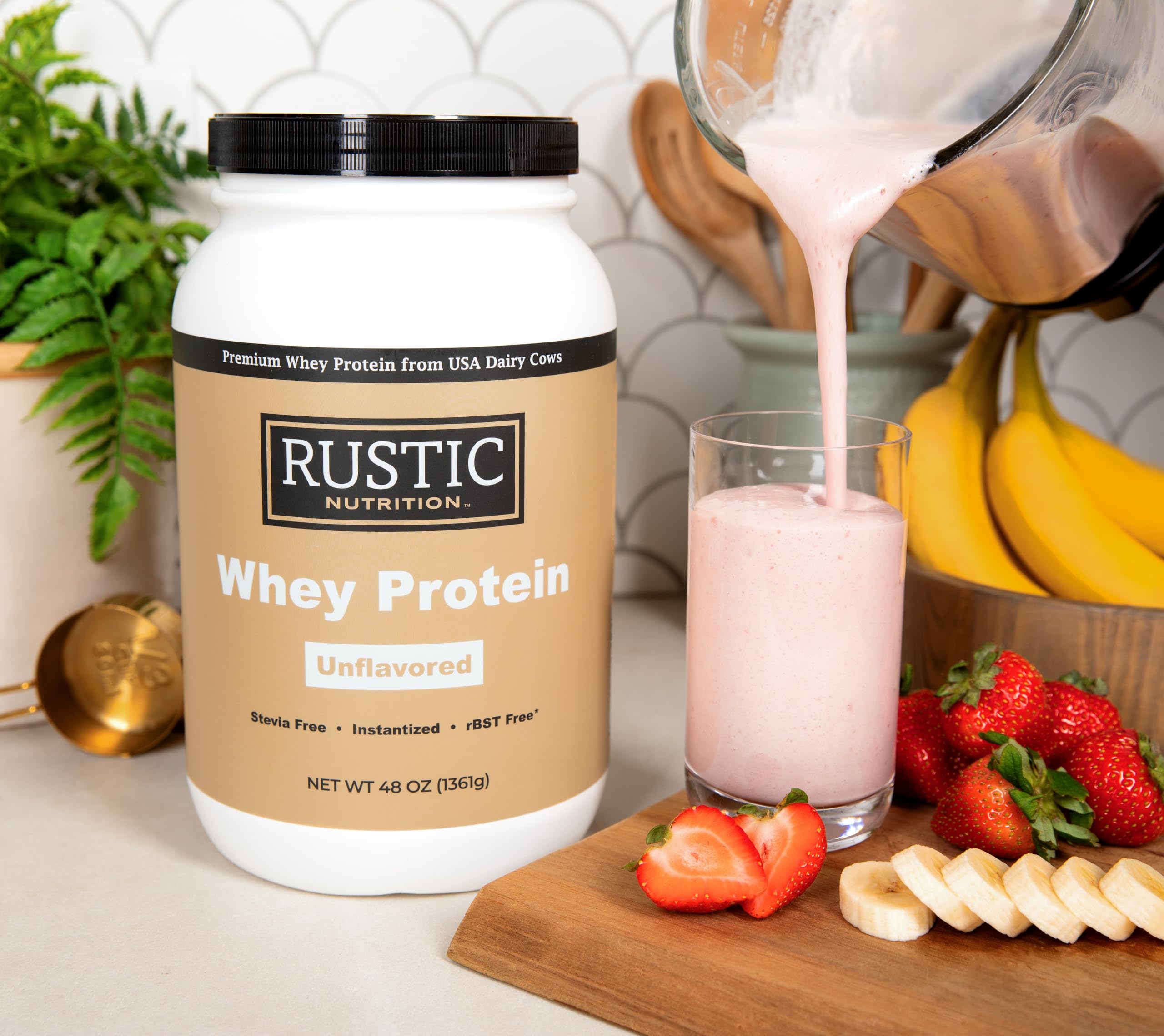 Proteína Rustic Nutrition instantizada con lecitina de girasol para disolución rápida.
