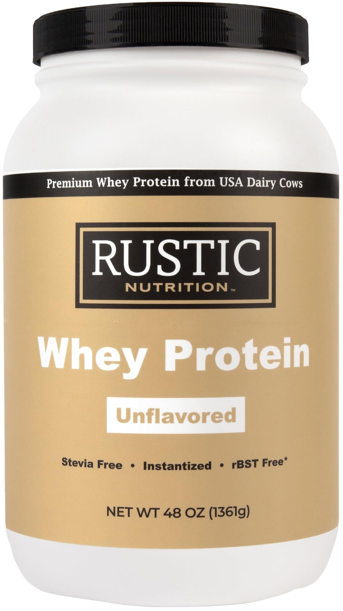 Proteína de suero Rustic Nutrition en empaque, almacenamiento fácil para entrenamientos.