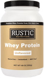 Proteína de suero Rustic Nutrition en empaque, almacenamiento fácil para entrenamientos.