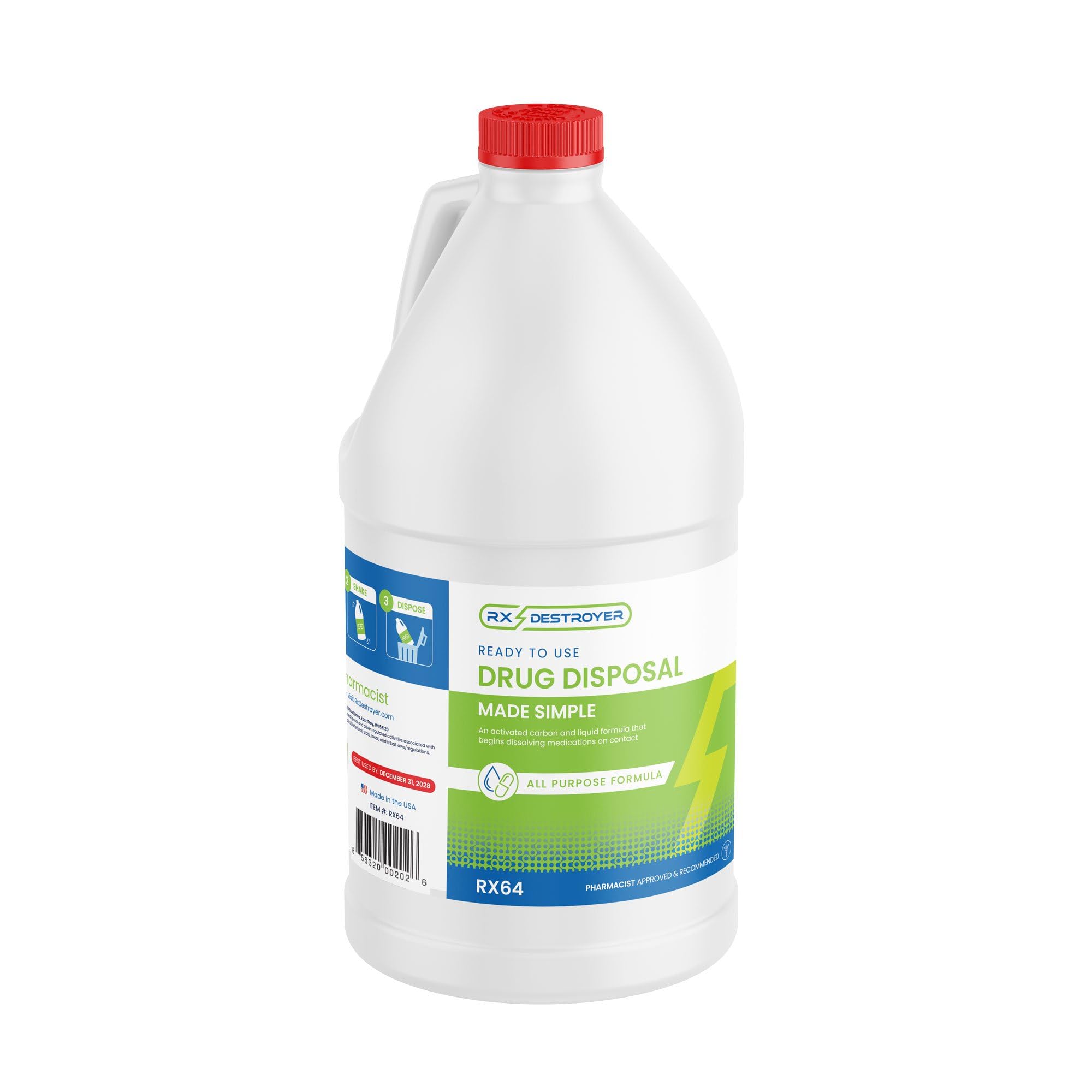 RX DESTROYER botella prellenada lista para eliminar medicamentos de forma segura.